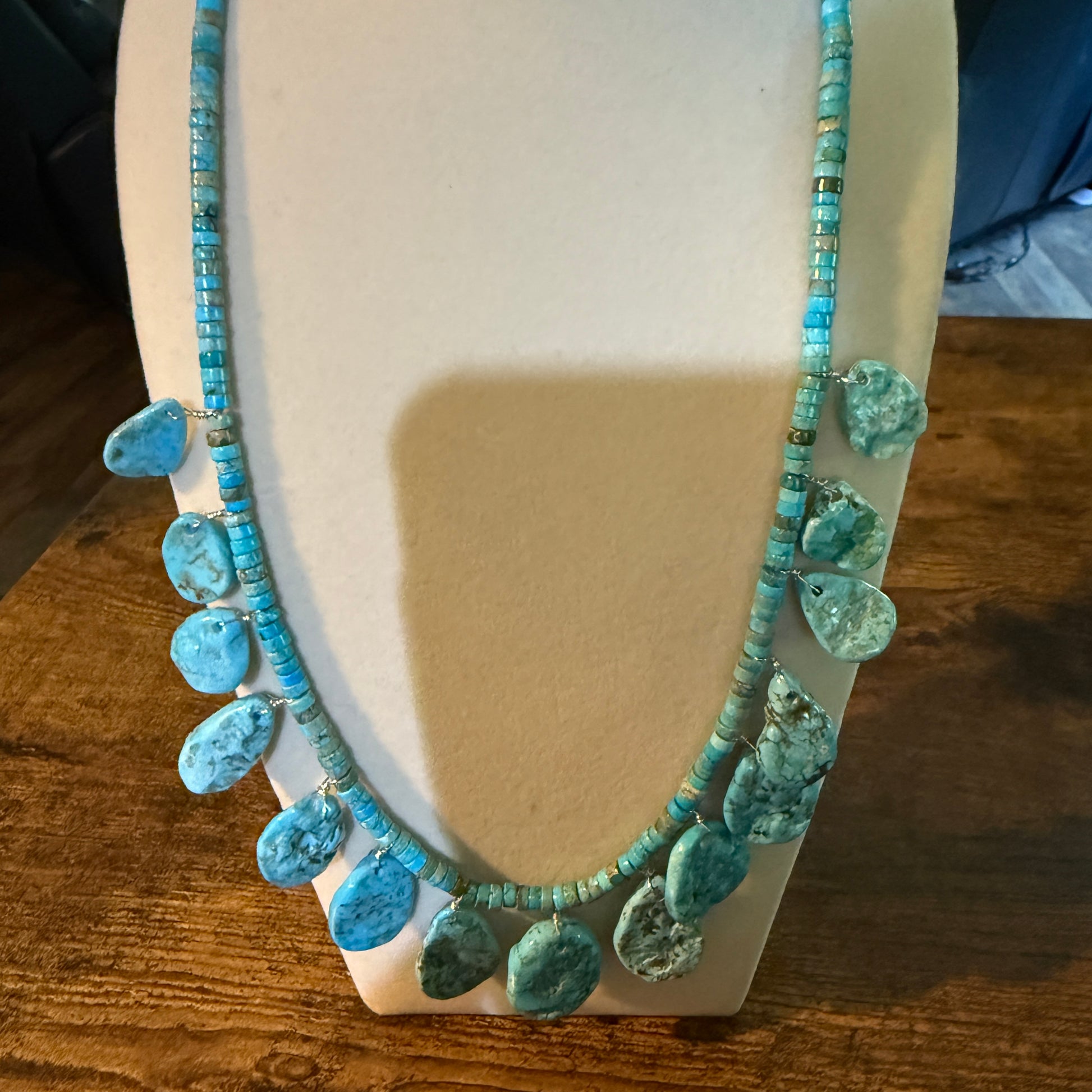 Navajo Style Kingman Turquoise Gemstone Bead Statement Necklace Sterling Silver Wild West Boho
