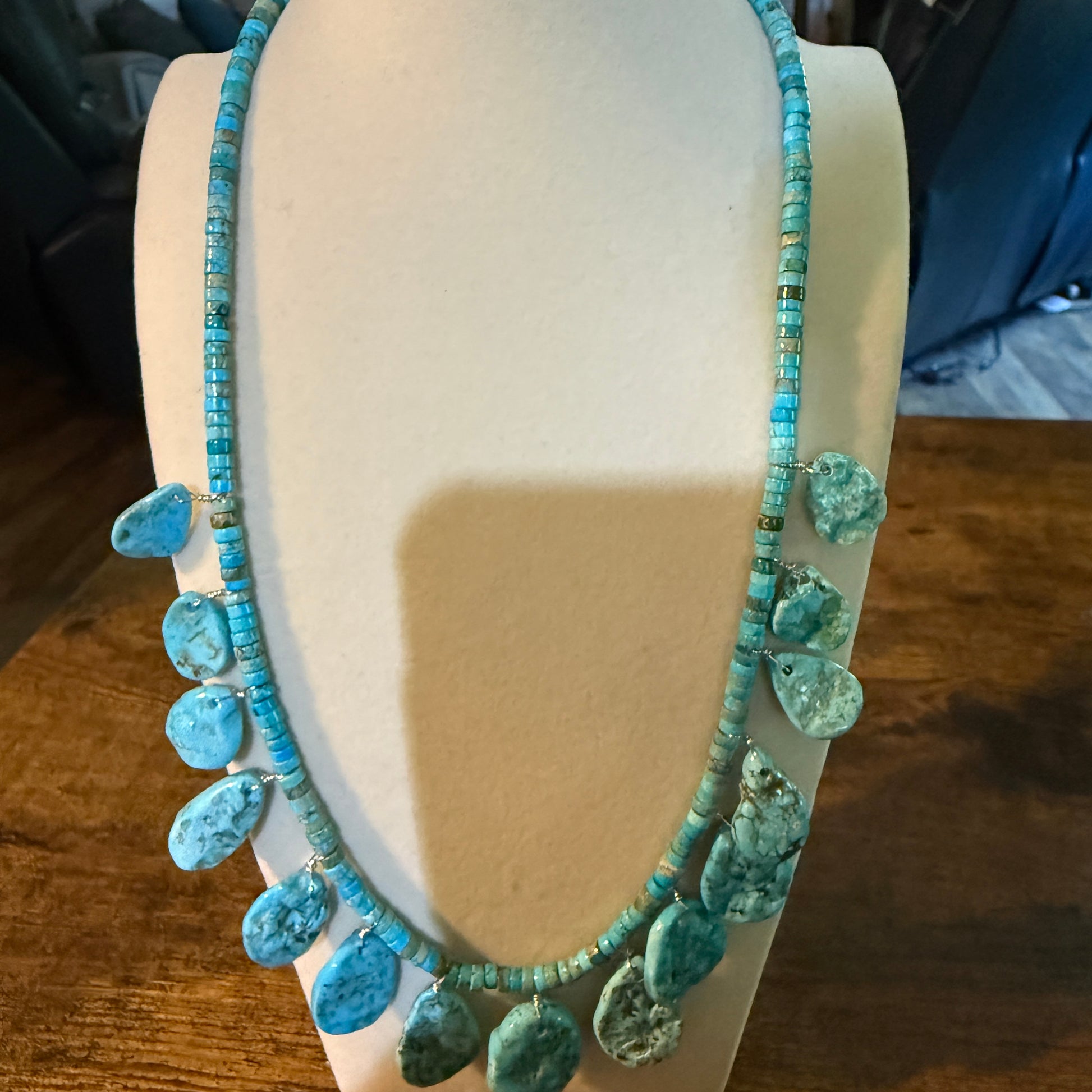 Navajo Style Kingman Turquoise Gemstone Bead Statement Necklace Sterling Silver Wild West Boho