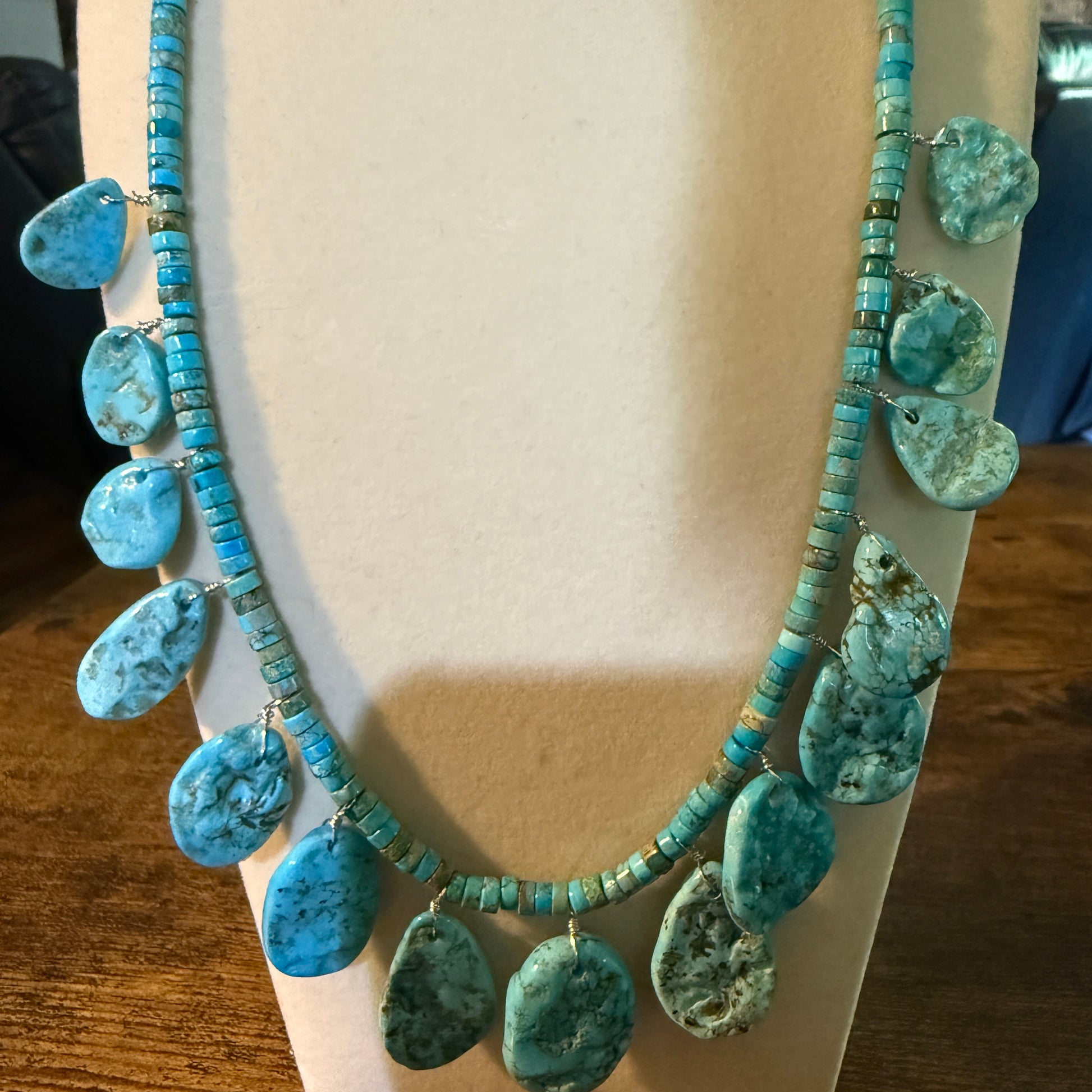Navajo Style Kingman Turquoise Gemstone Bead Statement Necklace Sterling Silver Wild West Boho