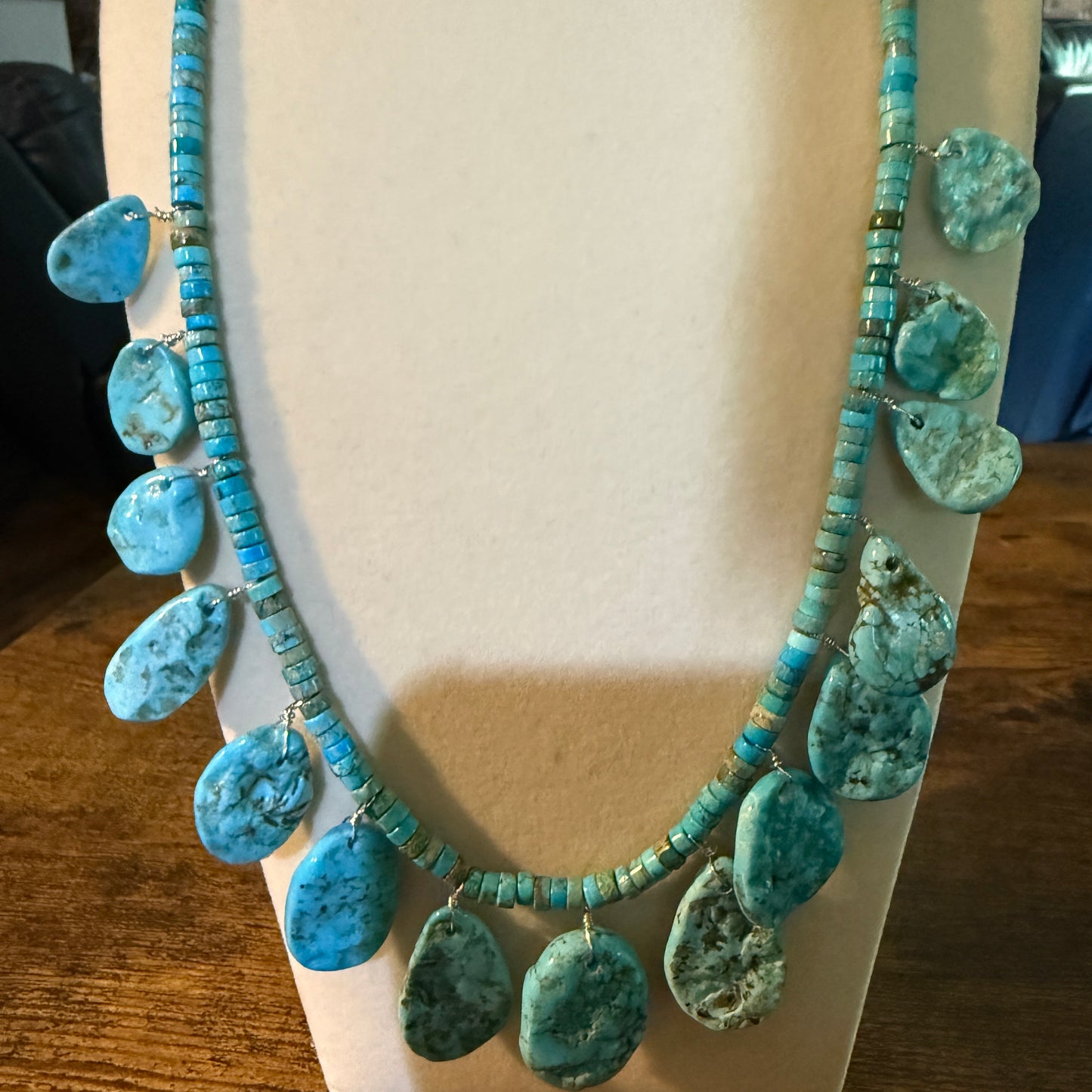 Navajo Style Kingman Turquoise Gemstone Bead Statement Necklace Sterling Silver Wild West Boho