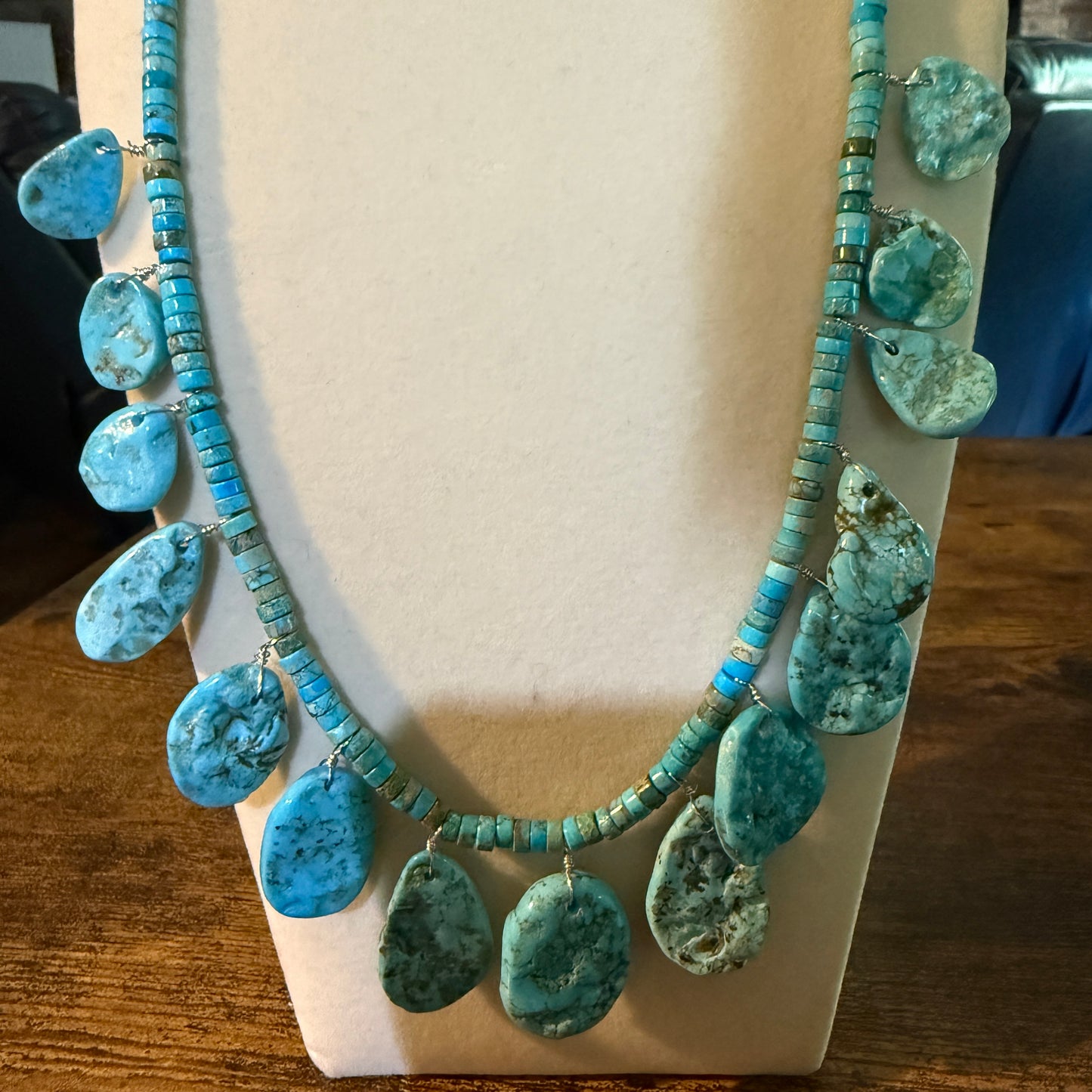 Navajo Style Kingman Turquoise Gemstone Bead Statement Necklace Sterling Silver Wild West Boho