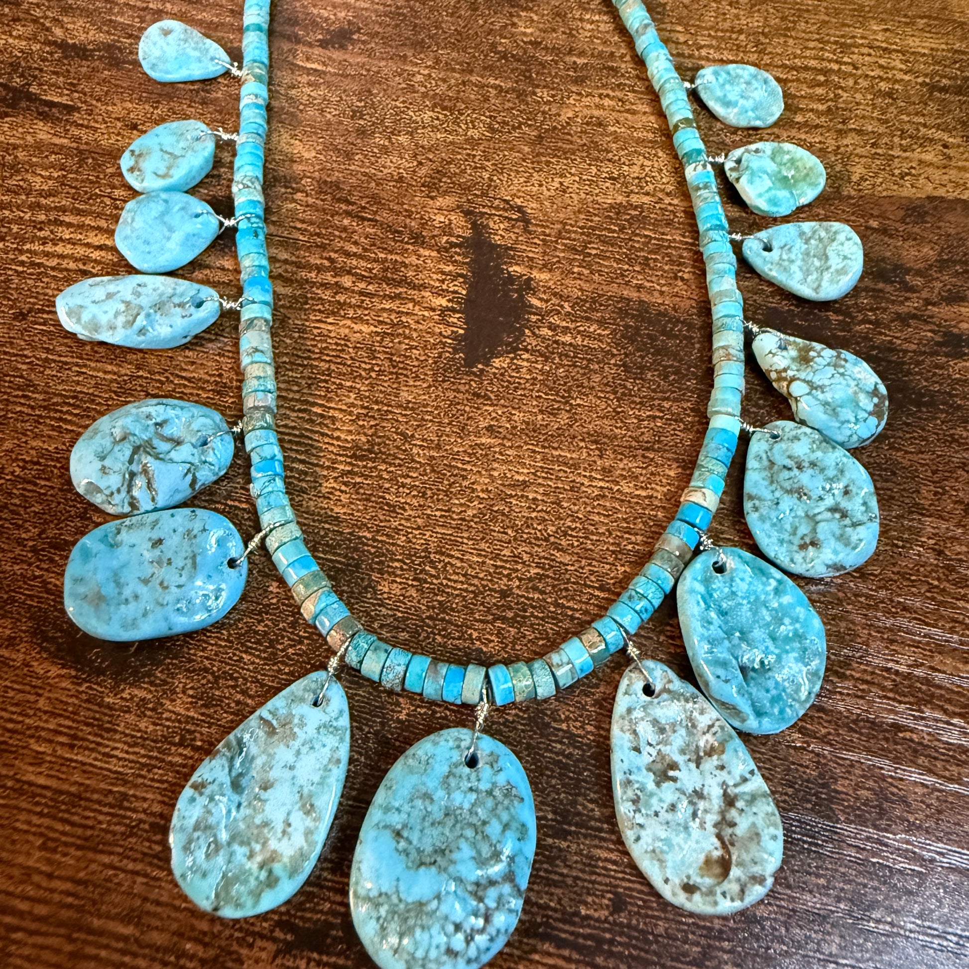 Navajo Style Kingman Turquoise Gemstone Bead Statement Necklace Sterling Silver Wild West Boho