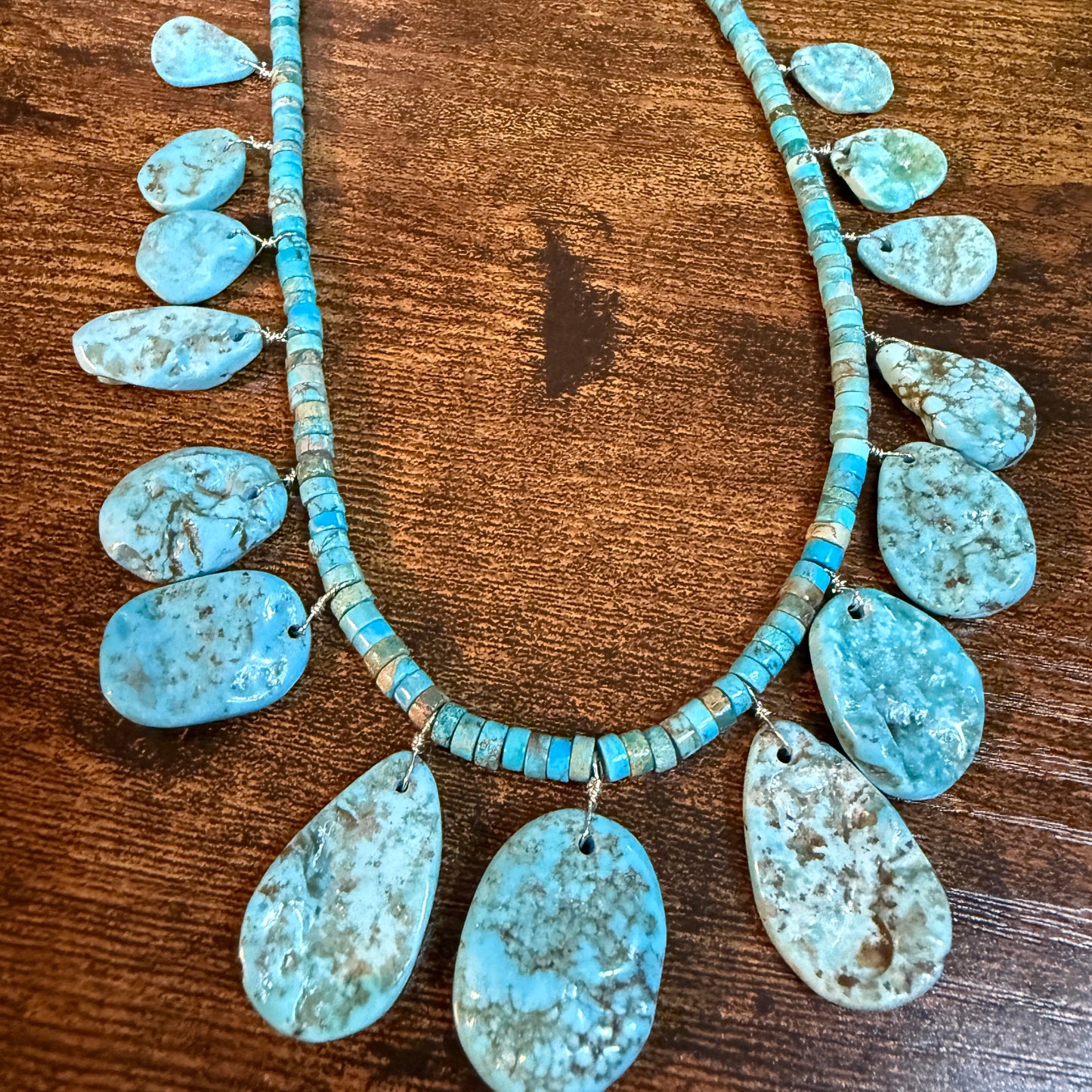 Navajo Style Kingman Turquoise Gemstone Bead Statement Necklace Sterling Silver Wild West Boho