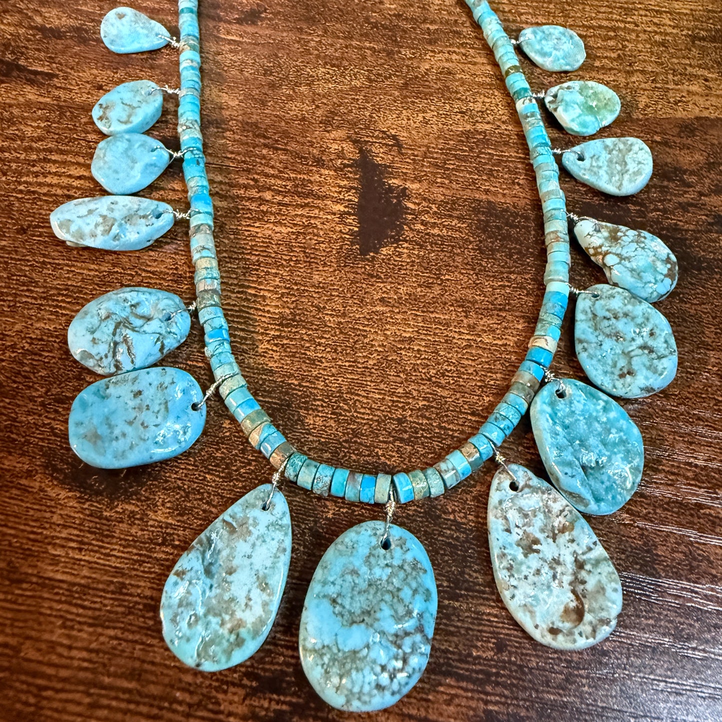 Navajo Style Kingman Turquoise Gemstone Bead Statement Necklace Sterling Silver Wild West Boho