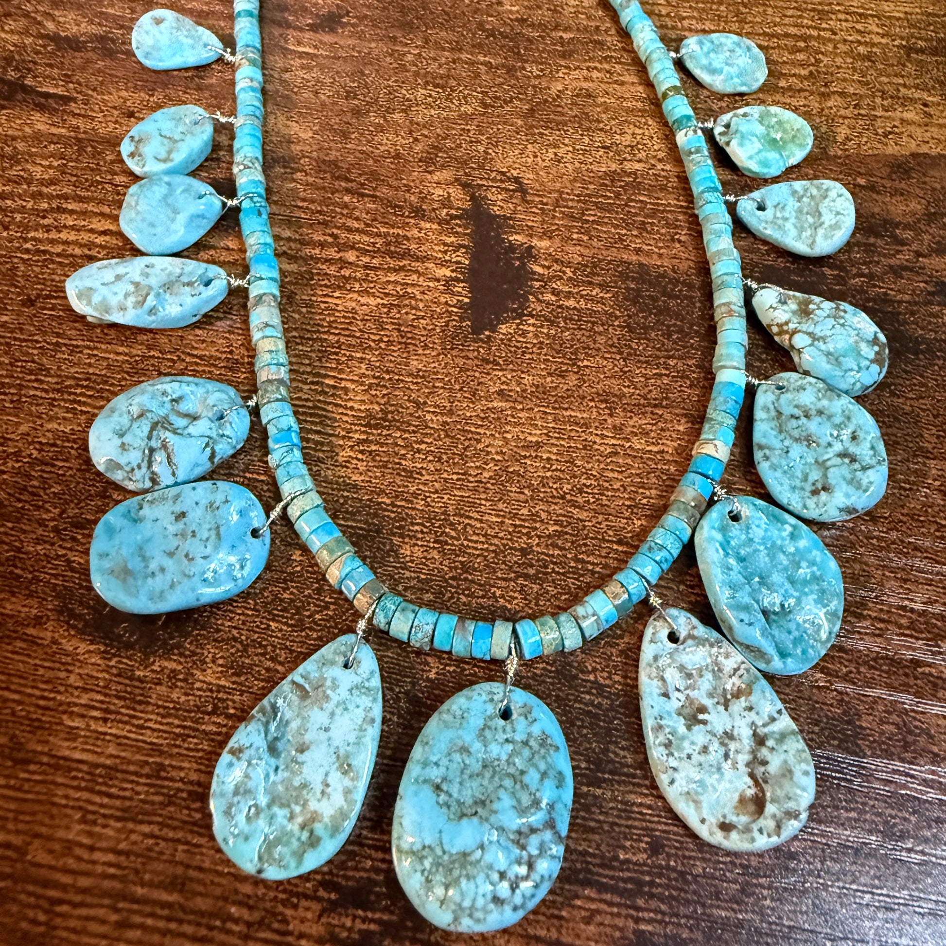 Navajo Style Kingman Turquoise Gemstone Bead Statement Necklace Sterling Silver Wild West Boho