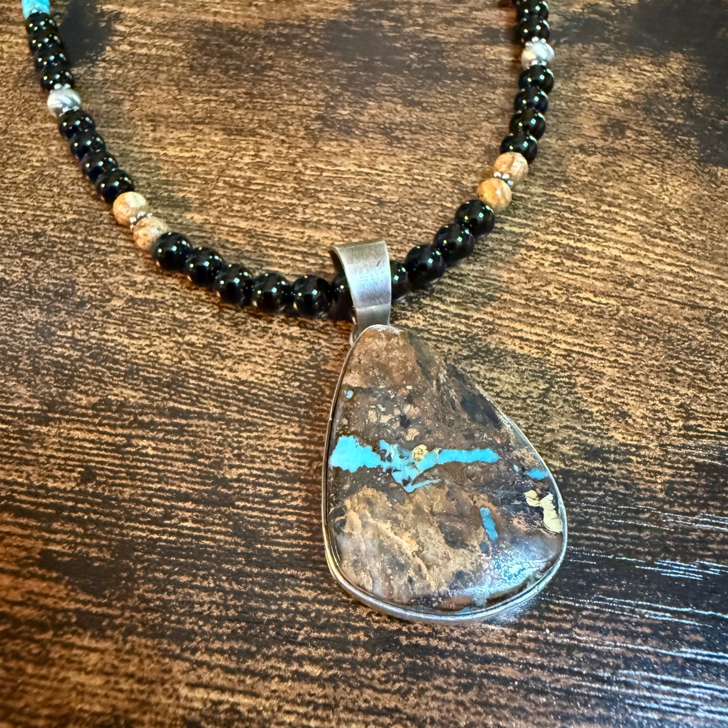 Navajo Handmade Ty Francisco Boulder Turquoise Pendant Necklace Sterling Silver Wild West Boho