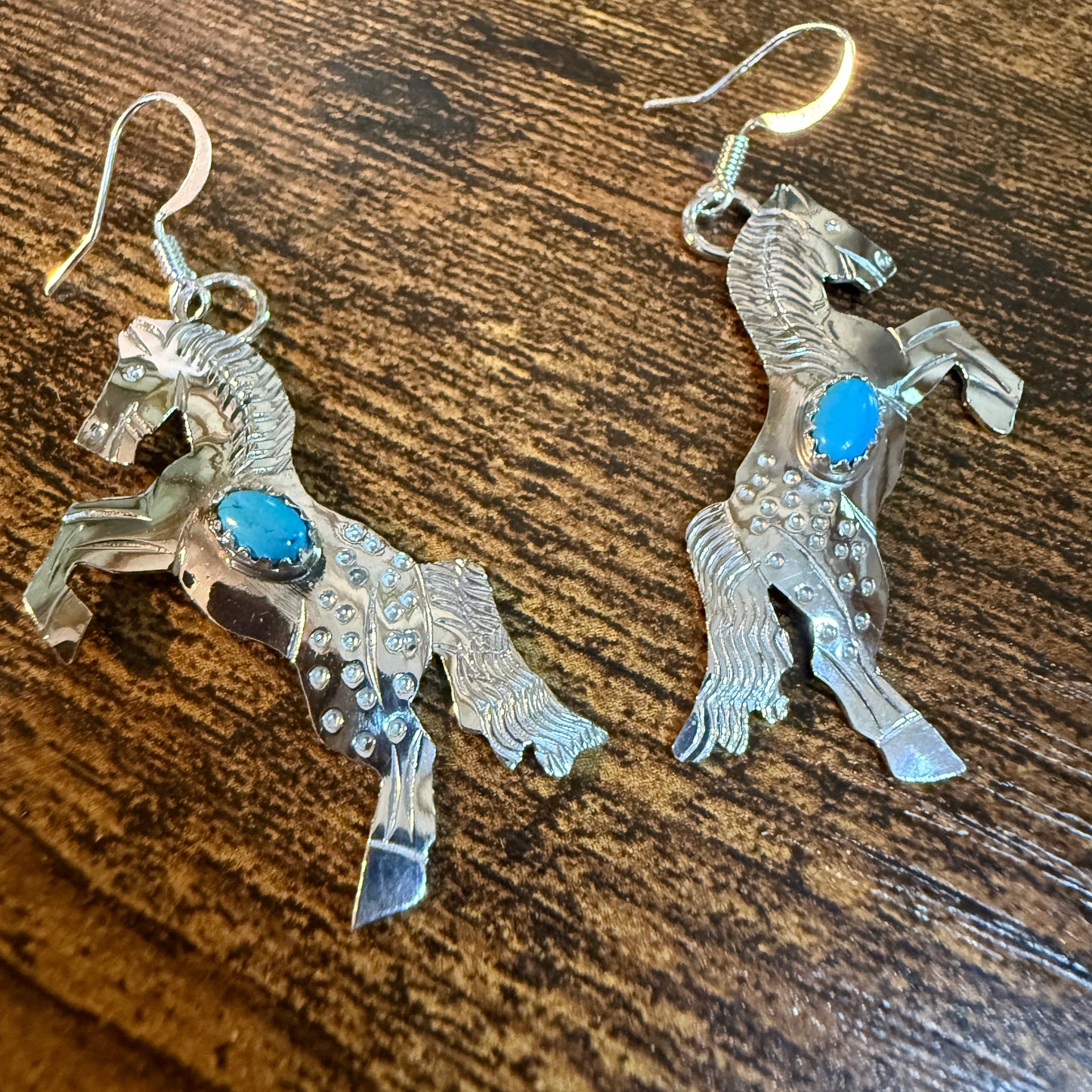 Kingman Turquoise Horse Estuarian Drop Wire Earrings In Sterling Silver Wild West Boho