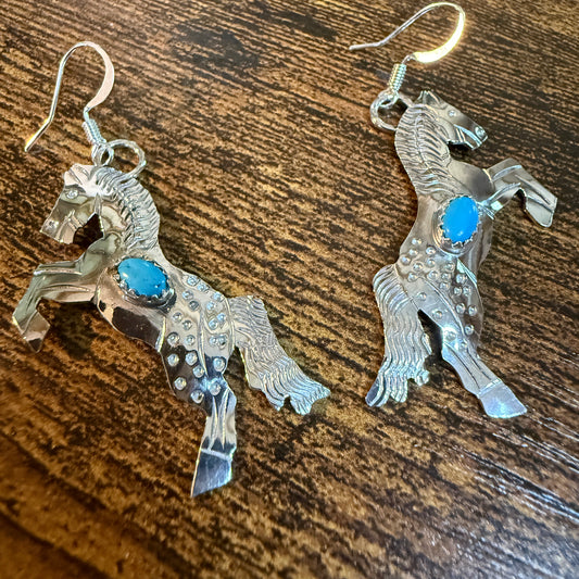 Kingman Turquoise Horse Estuarian Drop Wire Earrings In Sterling Silver Wild West Boho