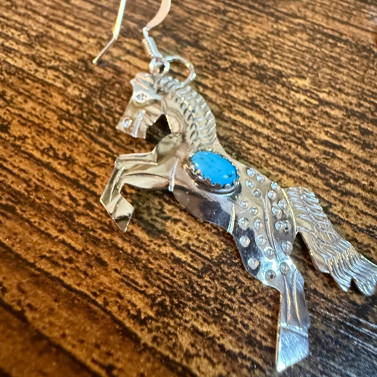 Kingman Turquoise Horse Estuarian Drop Wire Earrings In Sterling Silver Wild West Boho