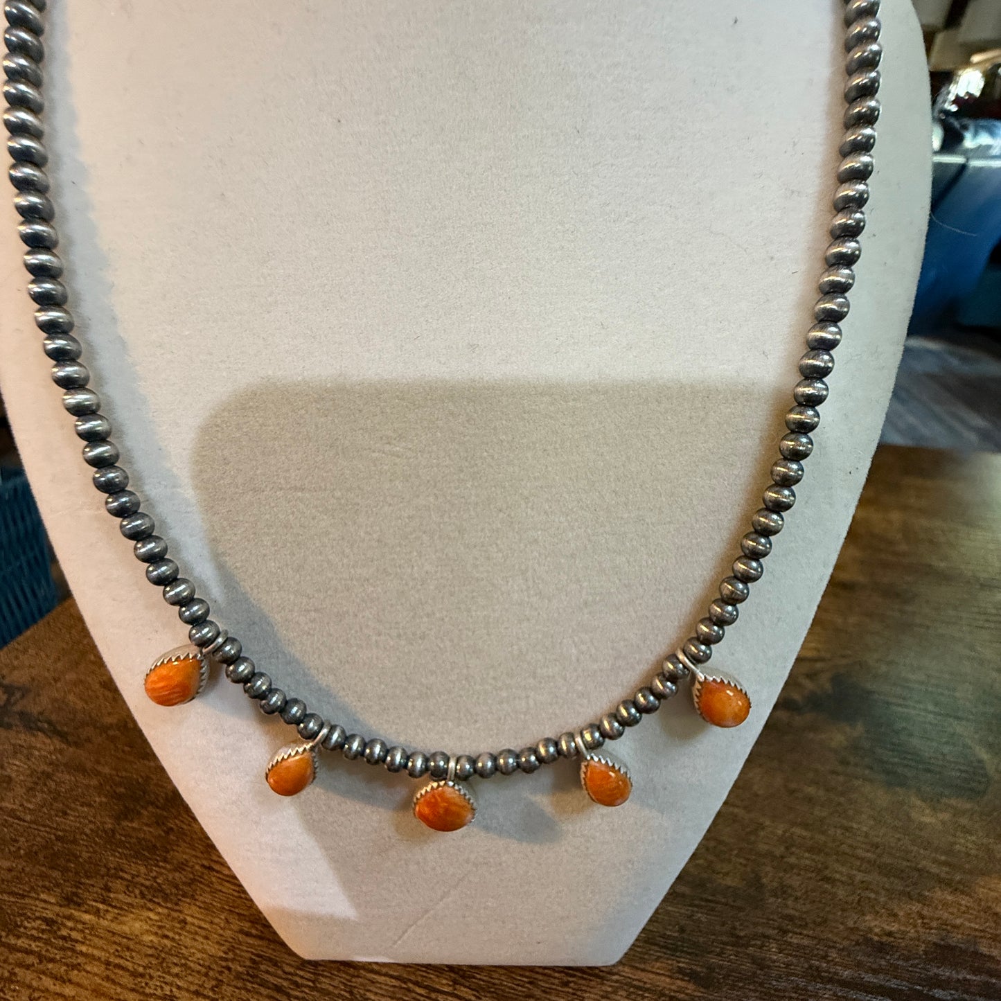 Southwestern Orange Spiny Oyster Gemstone Choker Necklace With 3mm Sterling Silver Beads Wild West Boho