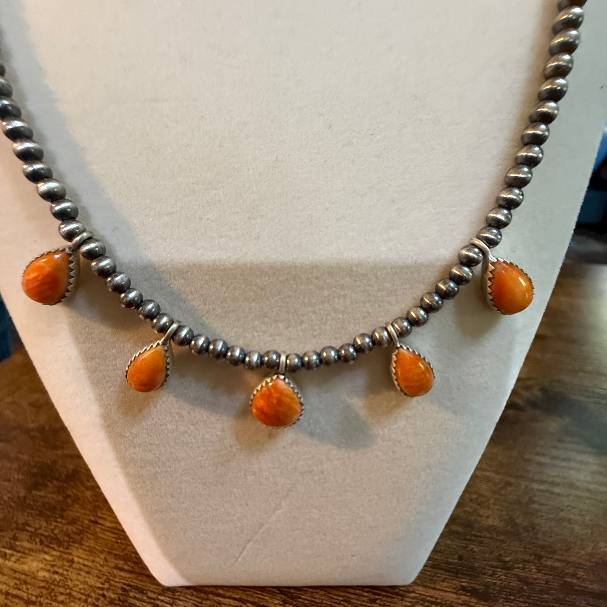 Southwestern Orange Spiny Oyster Gemstone Choker Necklace With 3mm Sterling Silver Beads Wild West Boho