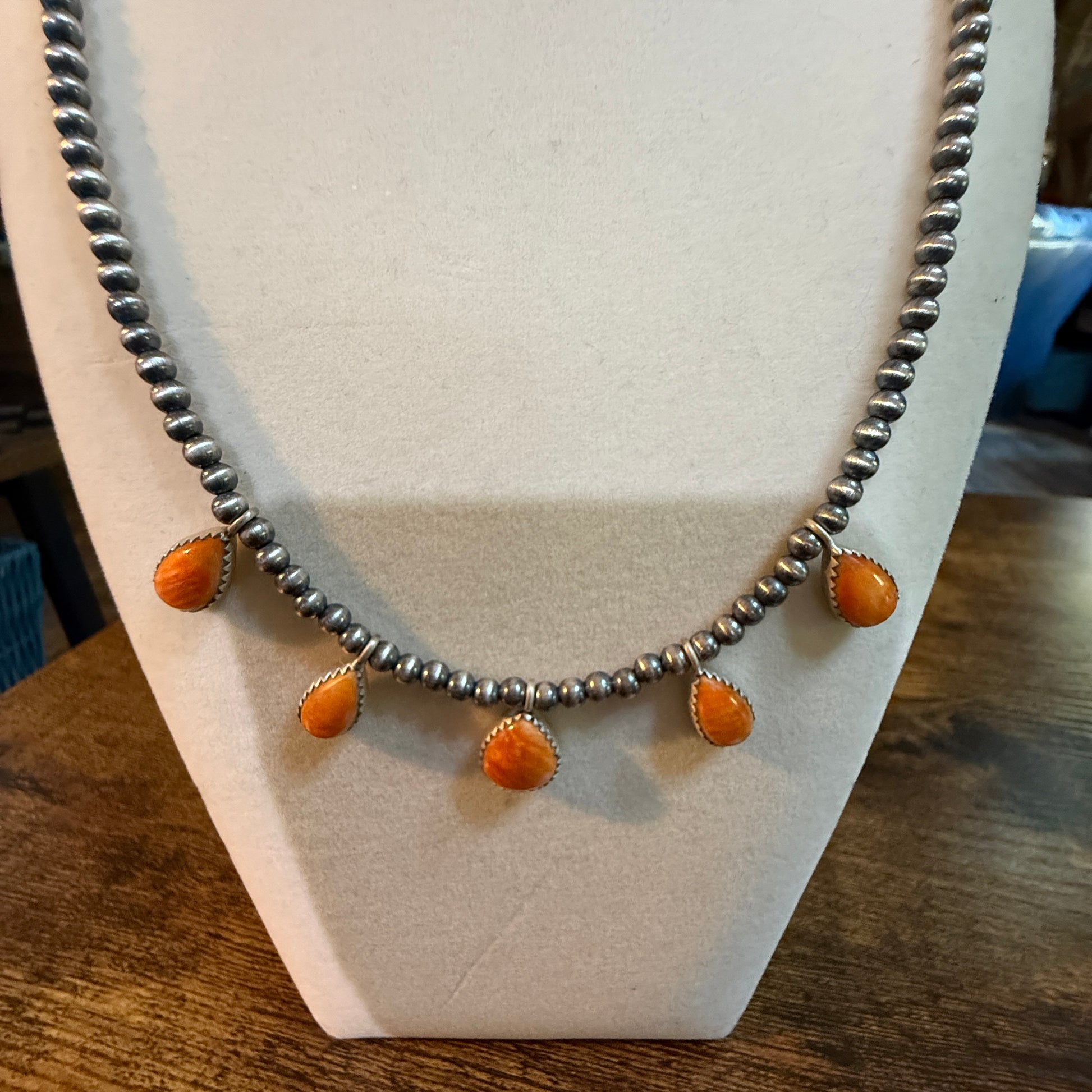 Southwestern Orange Spiny Oyster Gemstone Choker Necklace With 3mm Sterling Silver Beads Wild West Boho