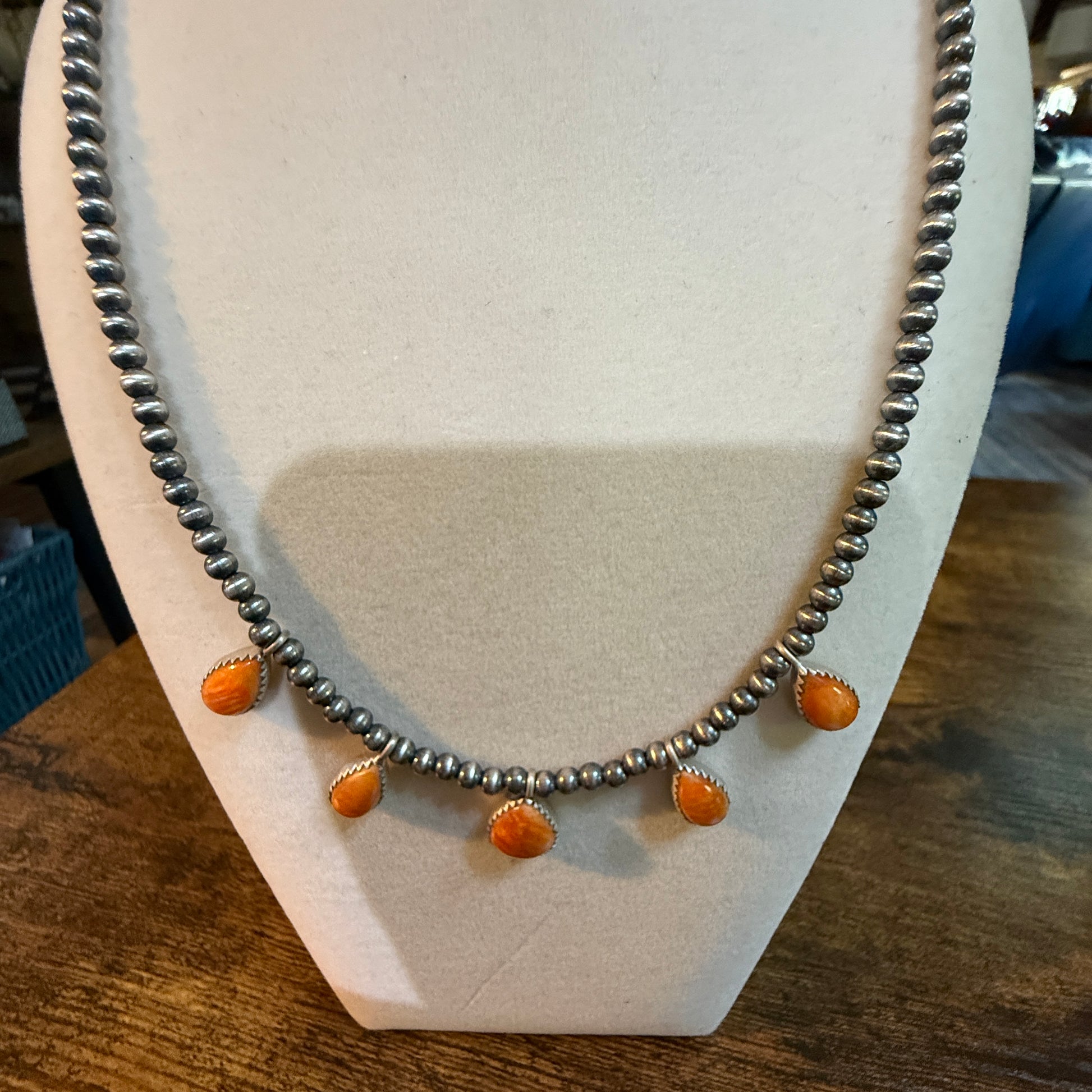 Southwestern Orange Spiny Oyster Gemstone Choker Necklace With 3mm Sterling Silver Beads Wild West Boho