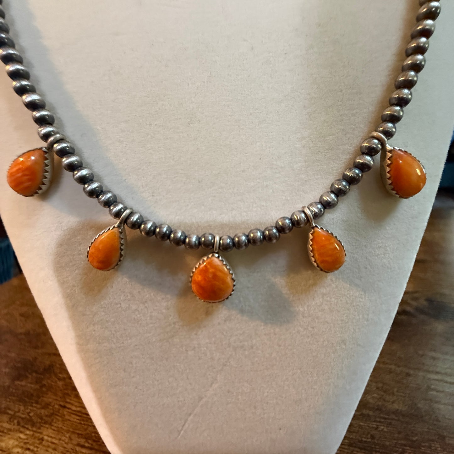 Southwestern Orange Spiny Oyster Gemstone Choker Necklace With 3mm Sterling Silver Beads Wild West Boho