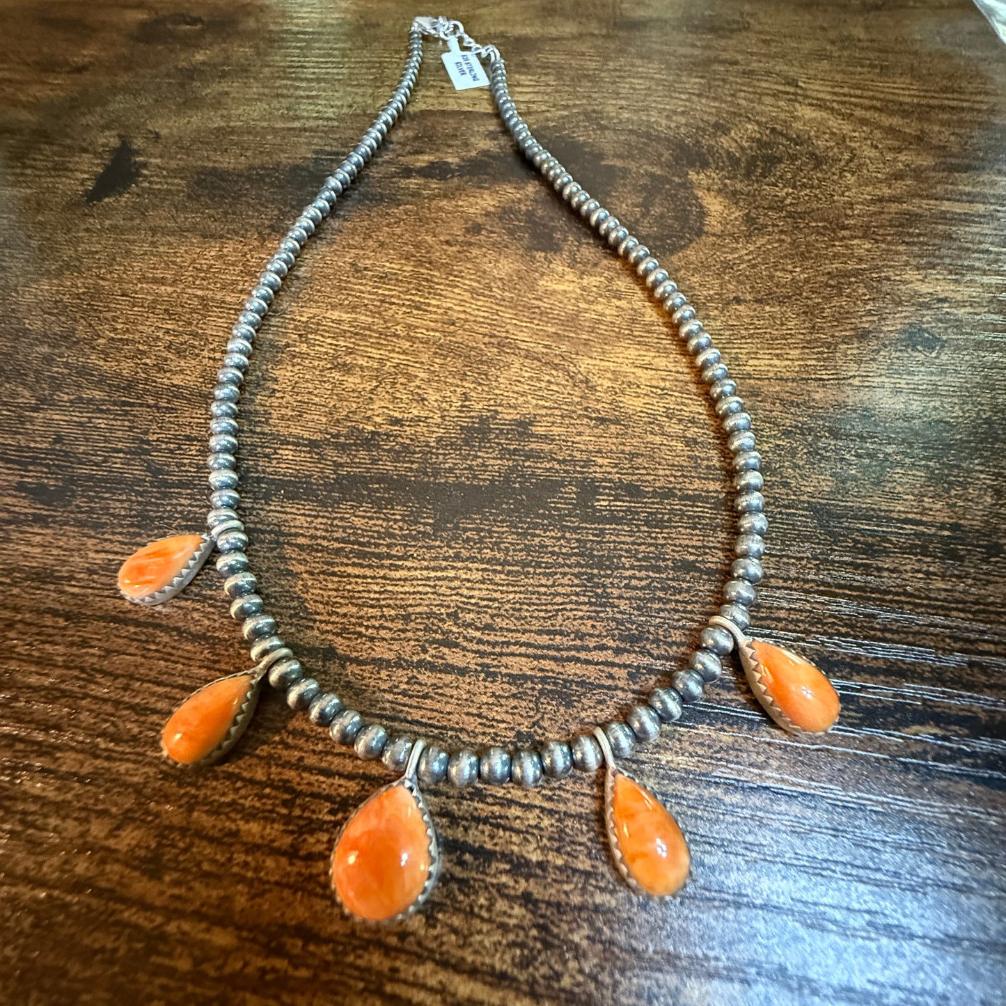 Southwestern Orange Spiny Oyster Gemstone Choker Necklace With 3mm Sterling Silver Beads Wild West Boho