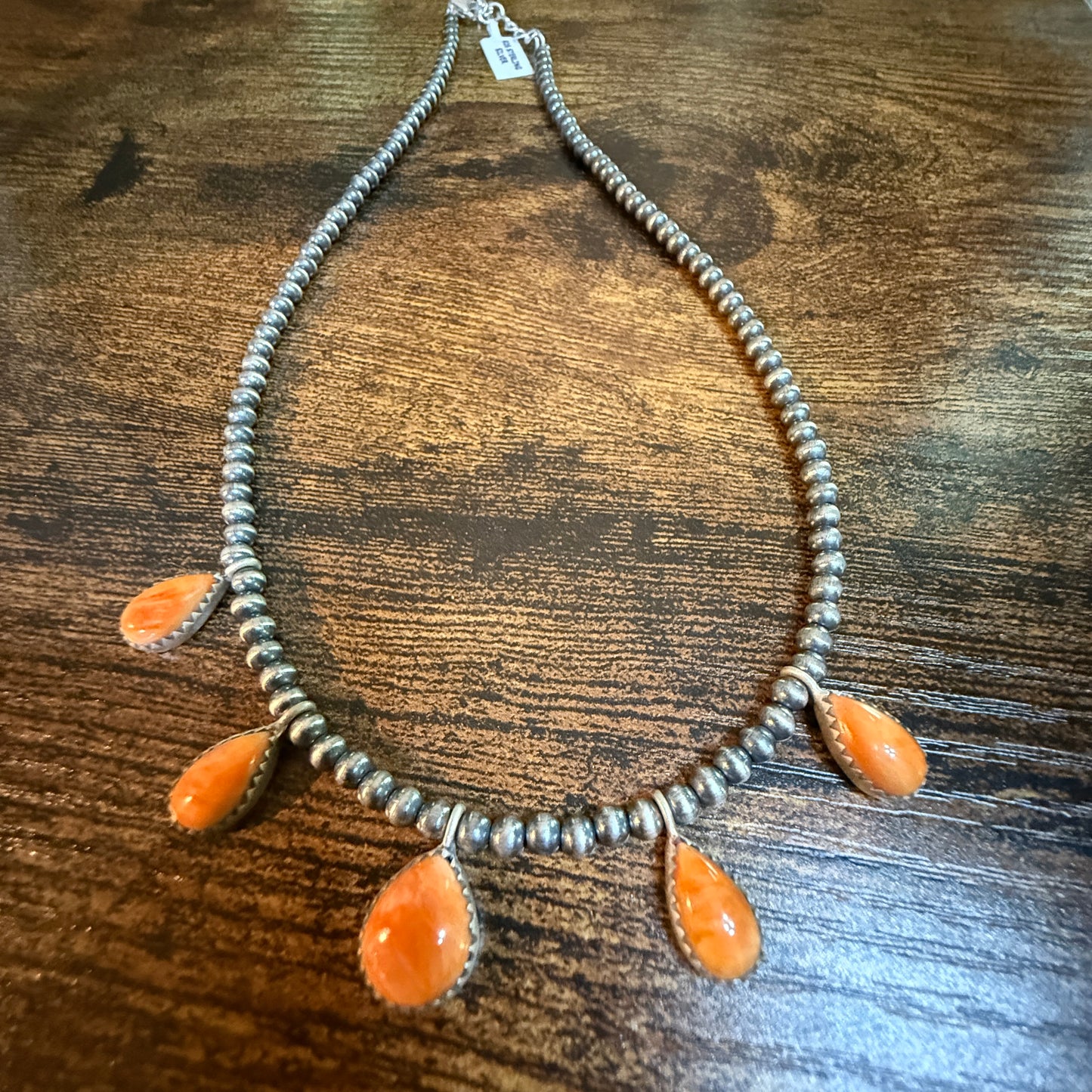 Southwestern Orange Spiny Oyster Gemstone Choker Necklace With 3mm Sterling Silver Beads Wild West Boho