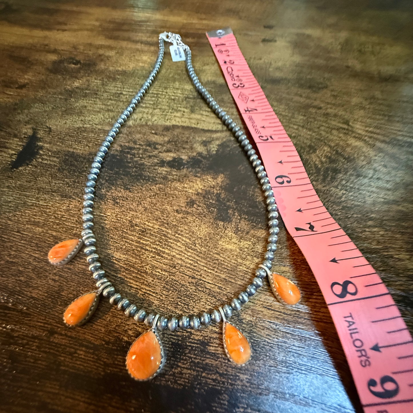Southwestern Orange Spiny Oyster Gemstone Choker Necklace With 3mm Sterling Silver Beads Wild West Boho