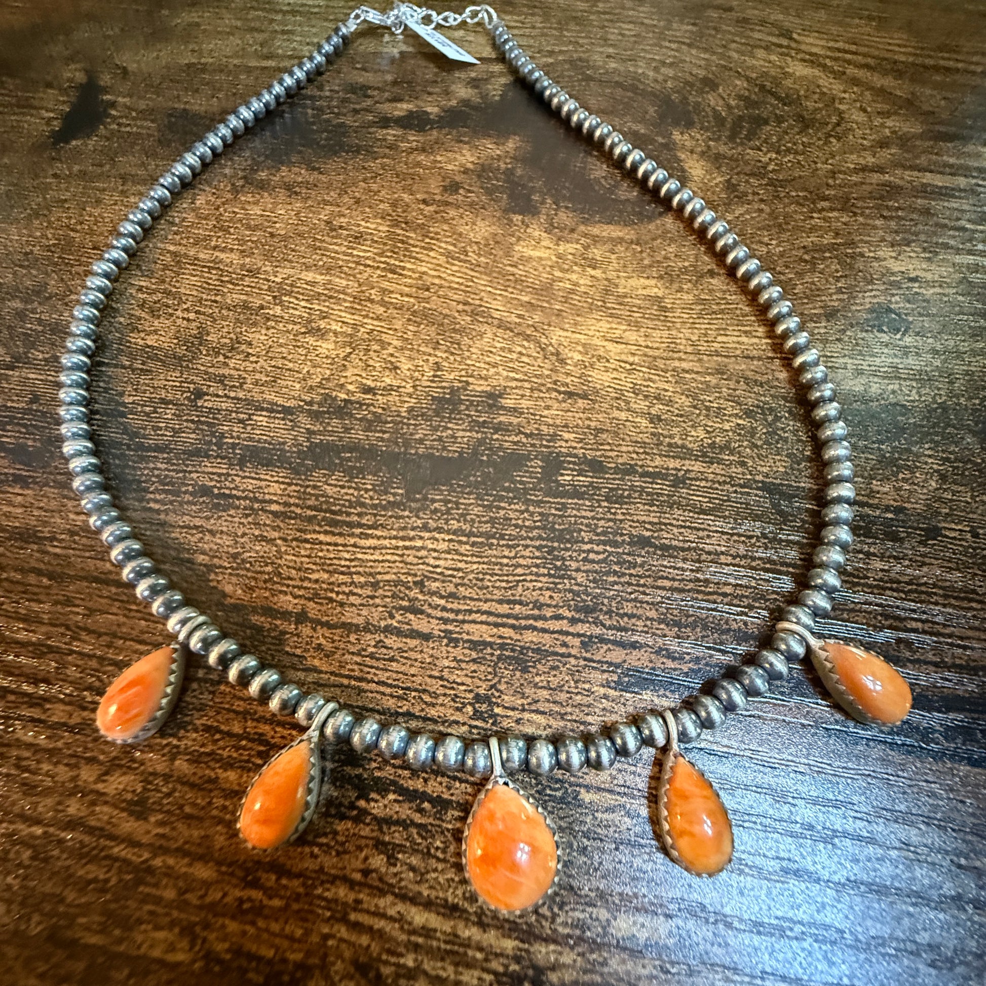 Southwestern Orange Spiny Oyster Gemstone Choker Necklace With 3mm Sterling Silver Beads Wild West Boho
