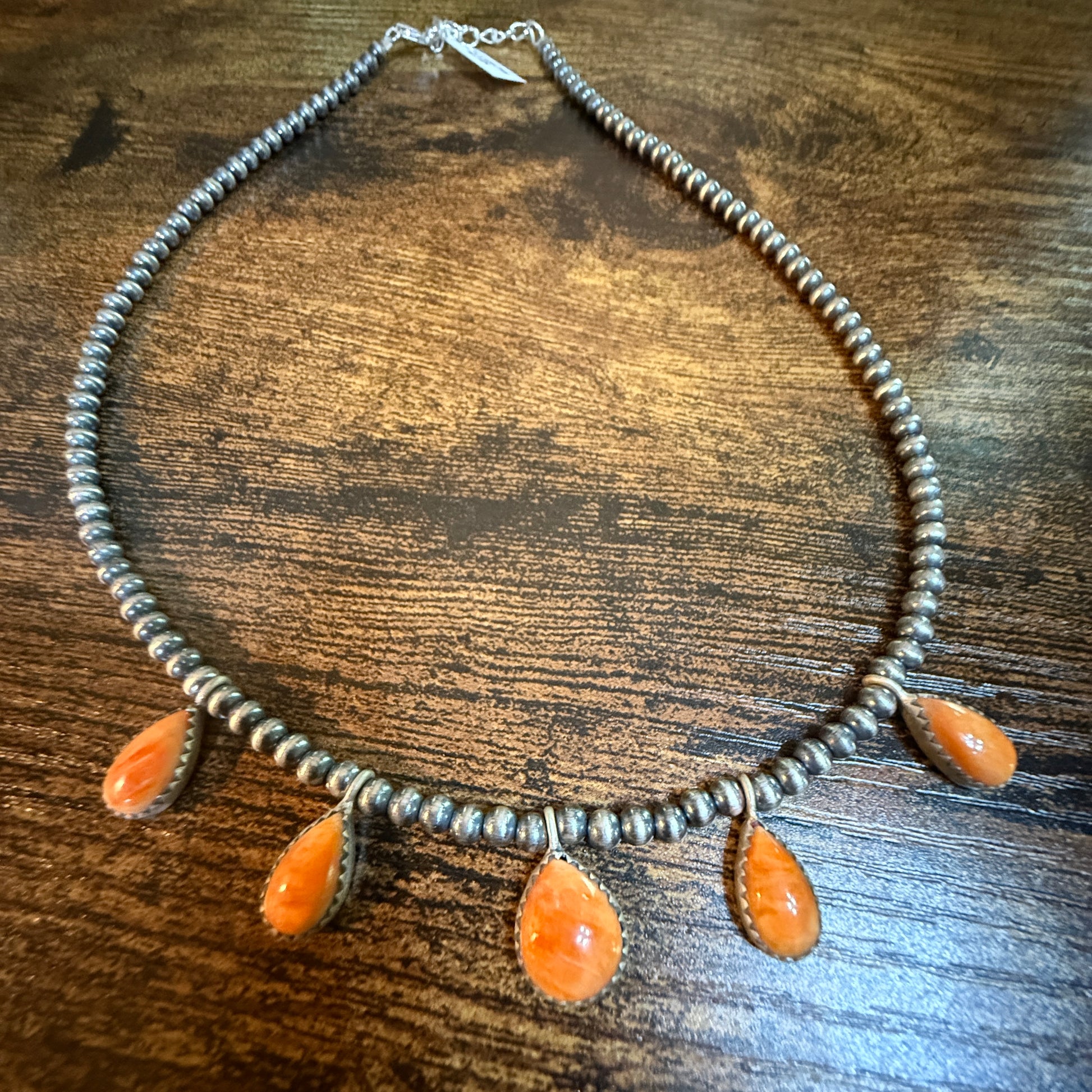Southwestern Orange Spiny Oyster Gemstone Choker Necklace With 3mm Sterling Silver Beads Wild West Boho