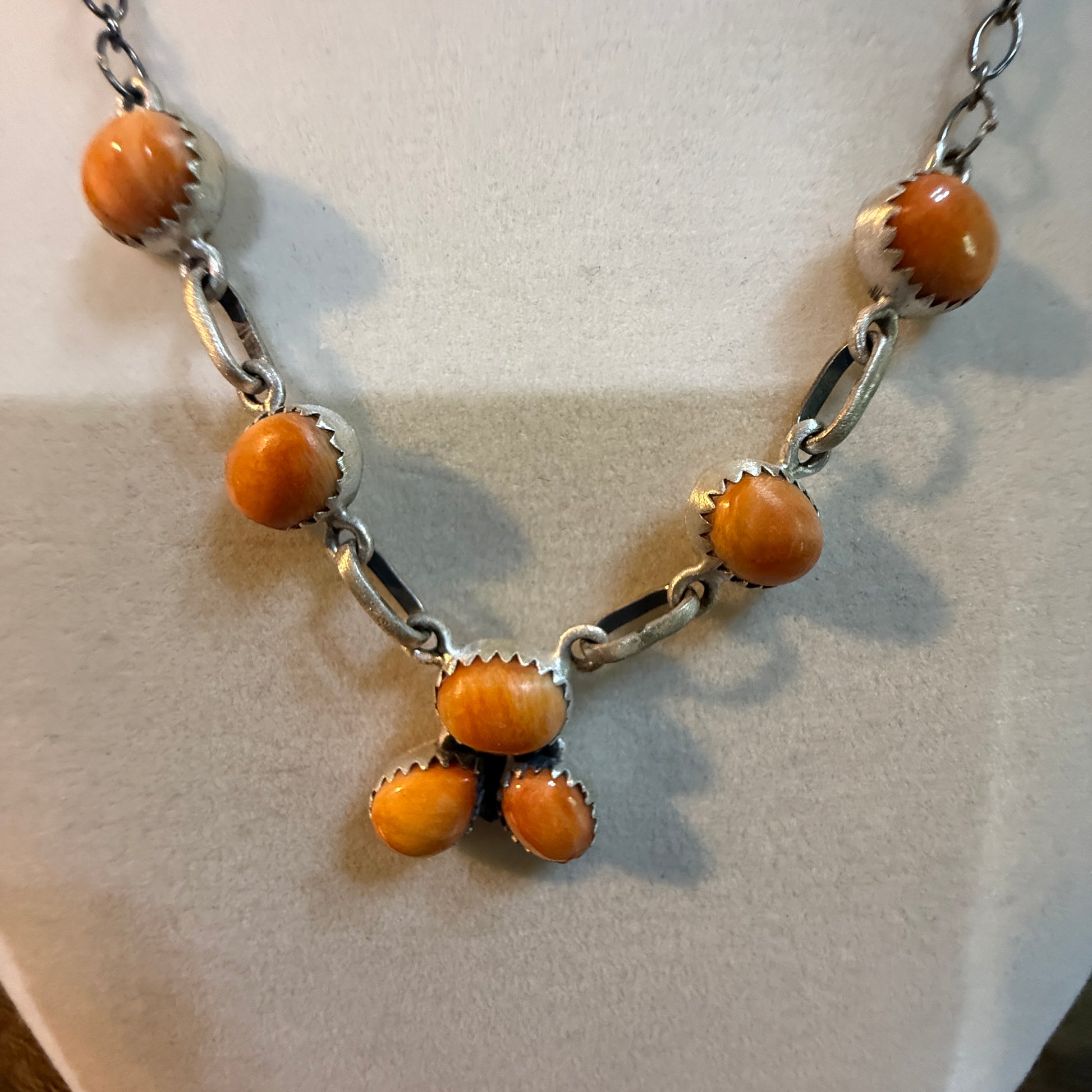Navajo Style Orange Spiny Oyster Gemstone Lariat Necklace Sterling Silver Wild West Boho