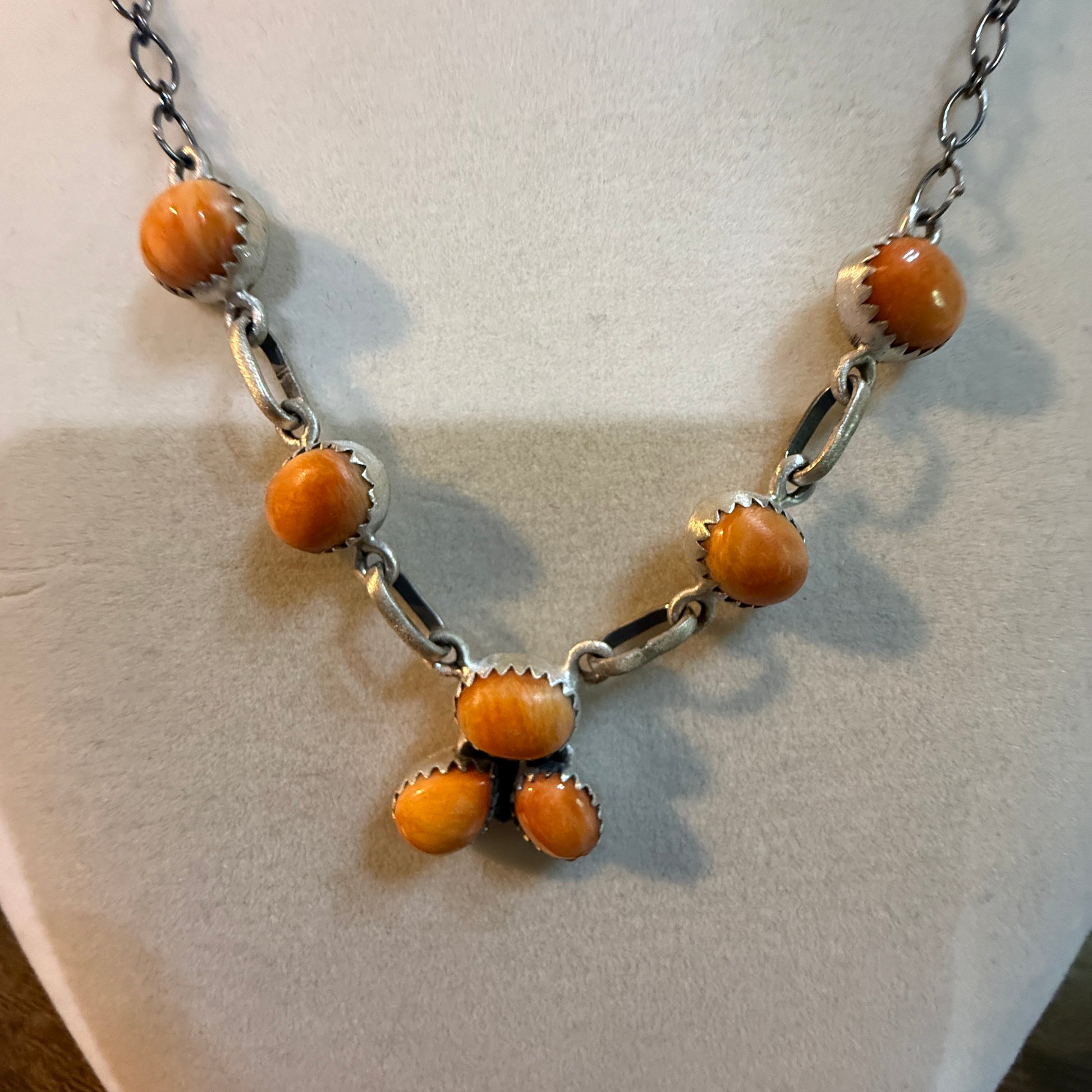 Navajo Style Orange Spiny Oyster Gemstone Lariat Necklace Sterling Silver Wild West Boho
