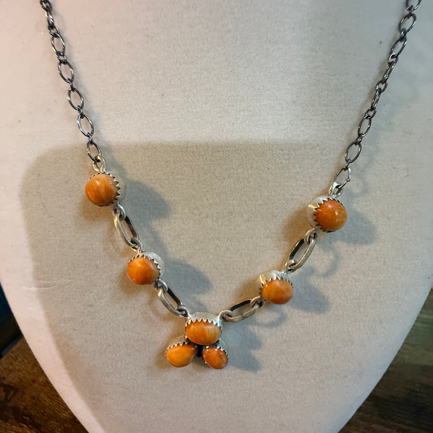Navajo Style Orange Spiny Oyster Gemstone Lariat Necklace Sterling Silver Wild West Boho