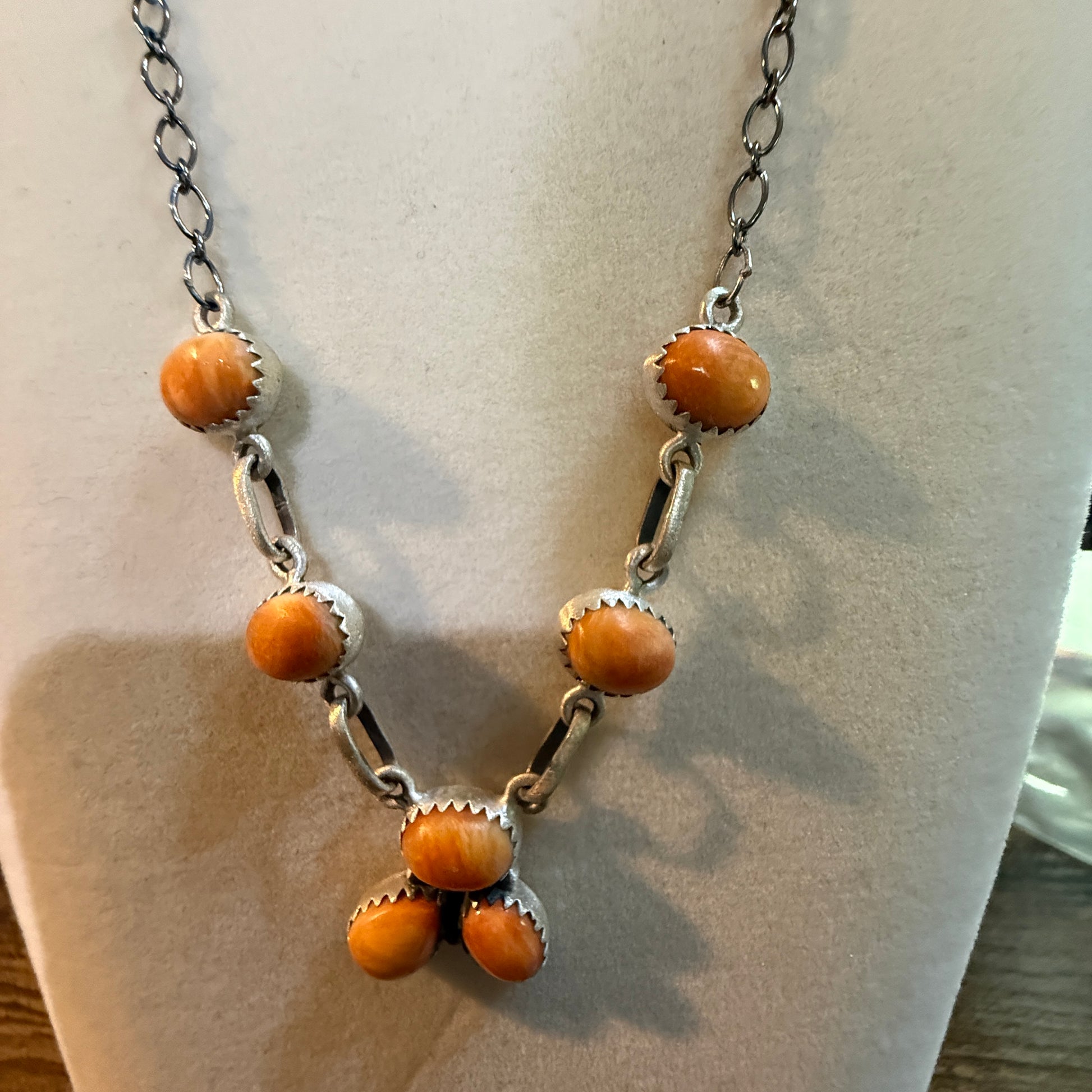 Navajo Style Orange Spiny Oyster Gemstone Lariat Necklace Sterling Silver Wild West Boho