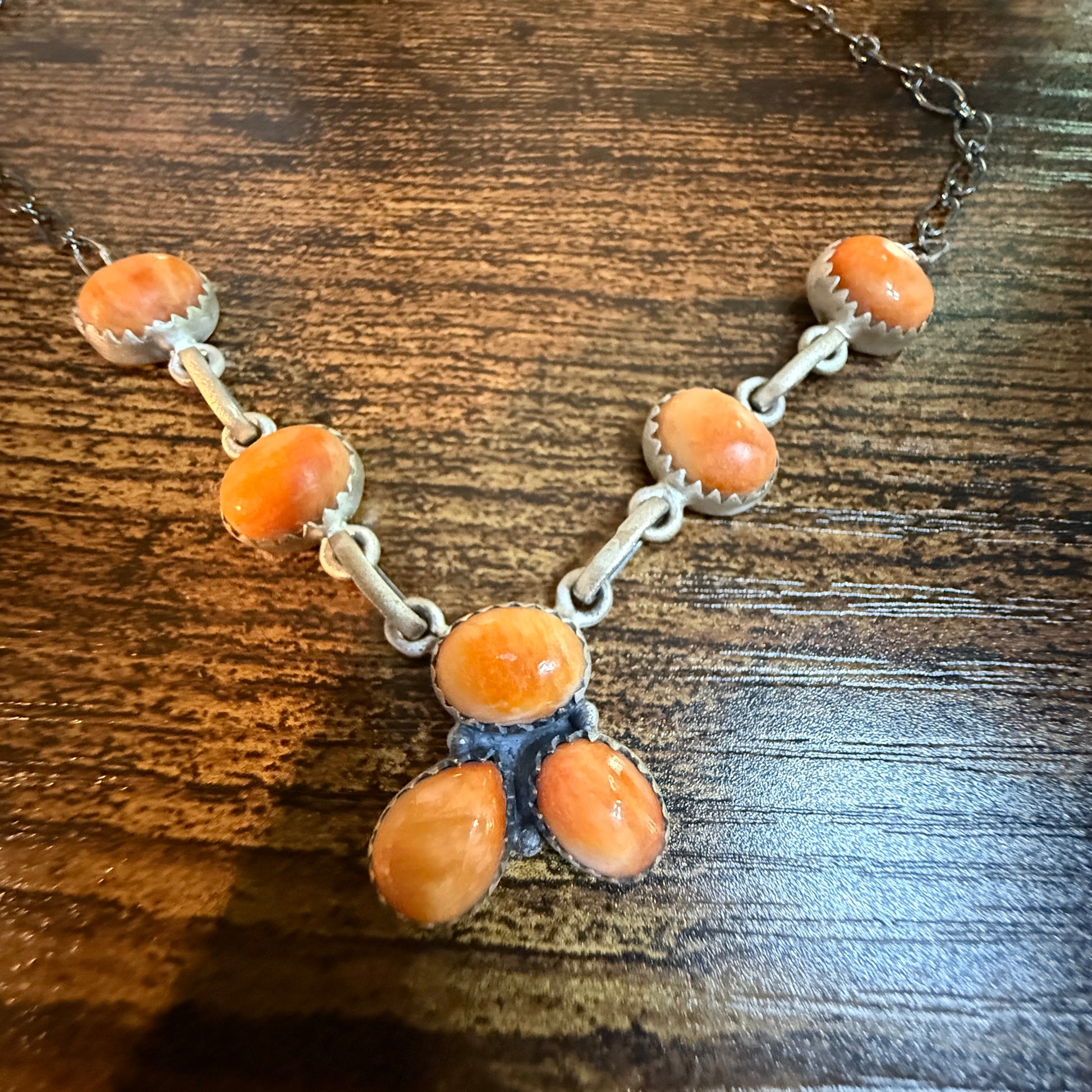 Navajo Style Orange Spiny Oyster Gemstone Lariat Necklace Sterling Silver Wild West Boho