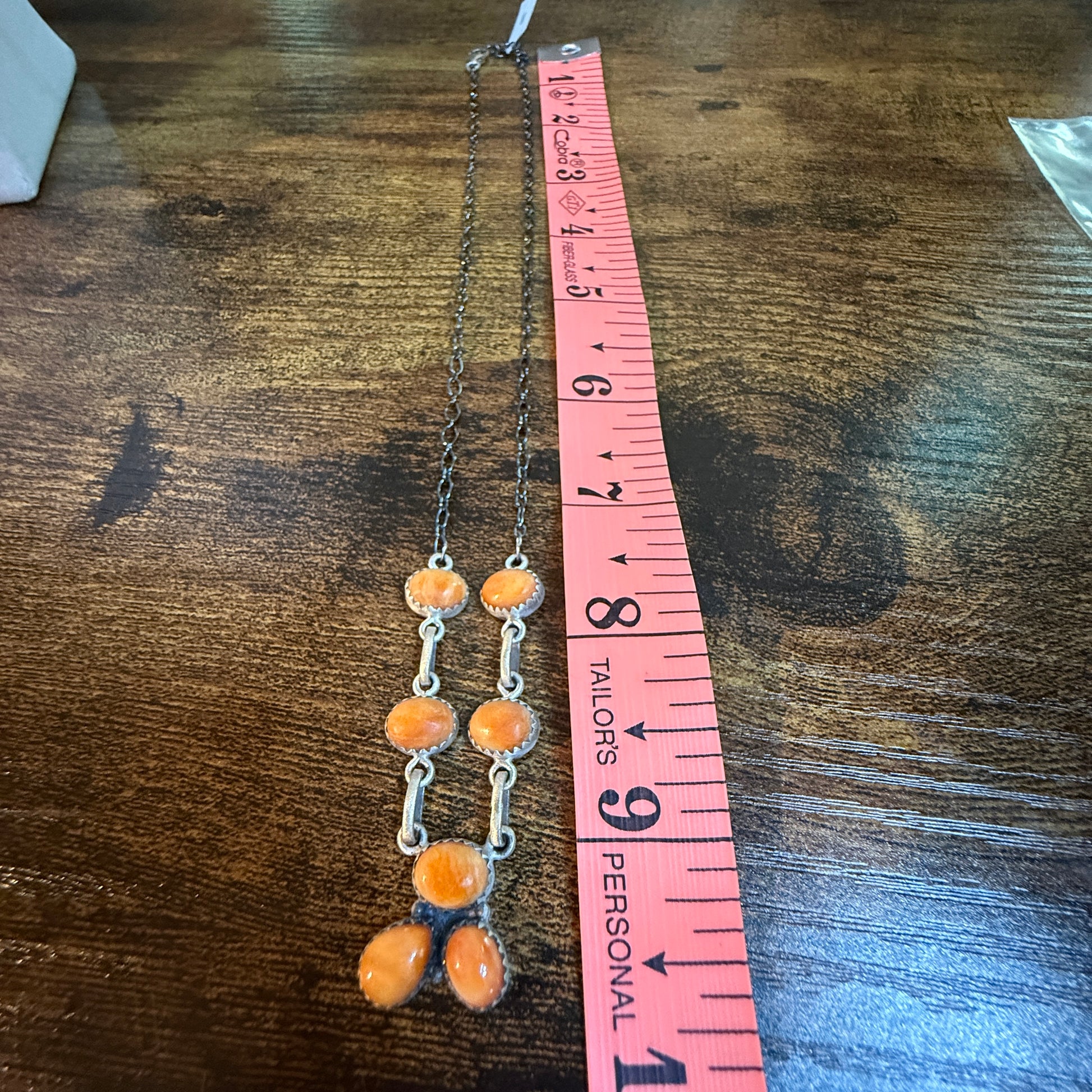 Navajo Style Orange Spiny Oyster Gemstone Lariat Necklace Sterling Silver Wild West Boho