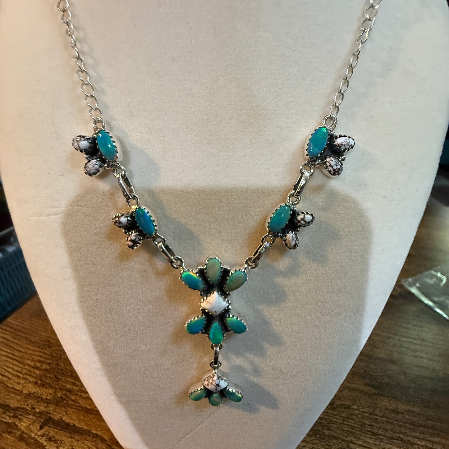 Green Abony and Wildhorse Turquoise Gemstone Lariat Necklace in Sterling Silver Wild West Boho