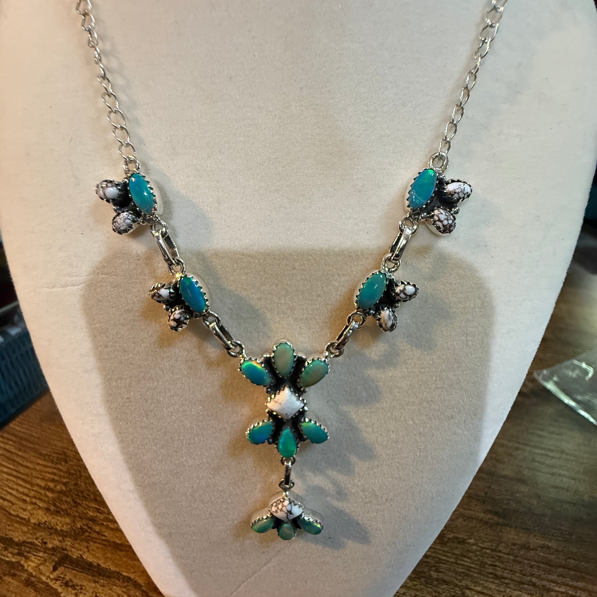 Green Abony and Wildhorse Turquoise Gemstone Lariat Necklace in Sterling Silver Wild West Boho