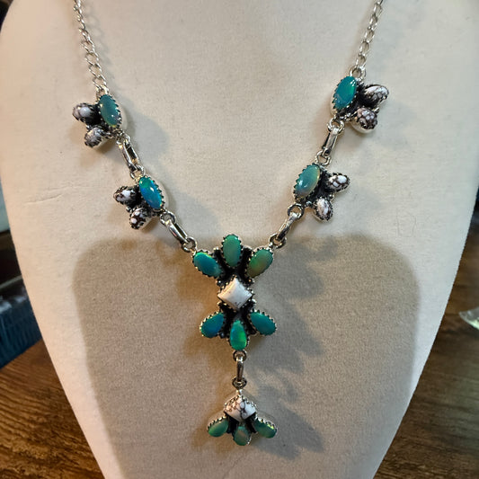 Green Abony and Wildhorse Turquoise Gemstone Lariat Necklace in Sterling Silver Wild West Boho