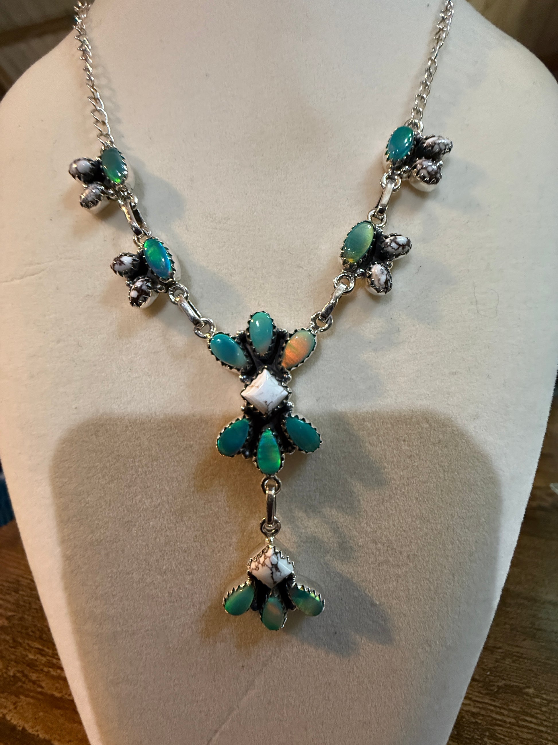 Green Abony and Wildhorse Turquoise Gemstone Lariat Necklace in Sterling Silver Wild West Boho