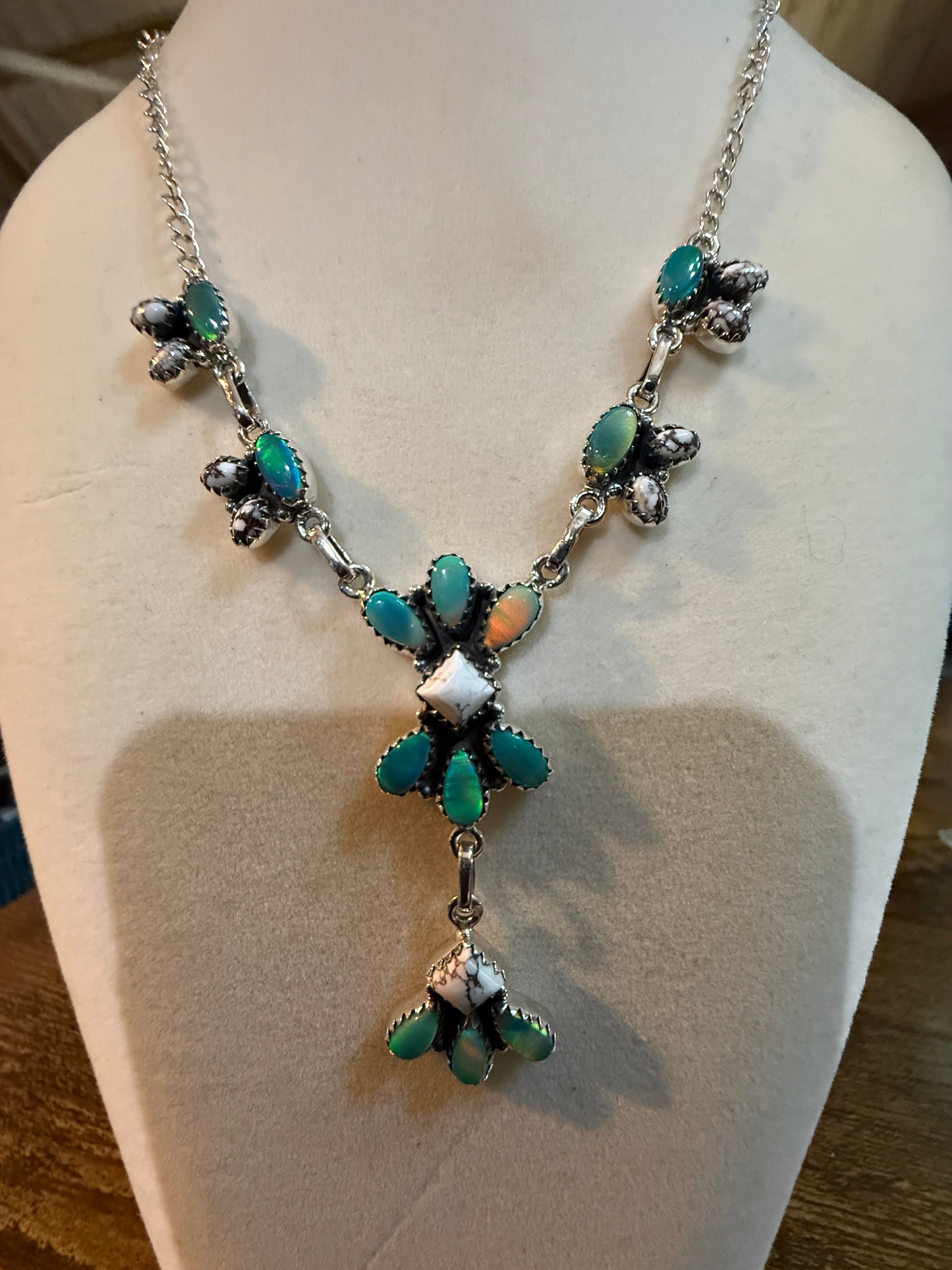 Green Abony and Wildhorse Turquoise Gemstone Lariat Necklace in Sterling Silver Wild West Boho