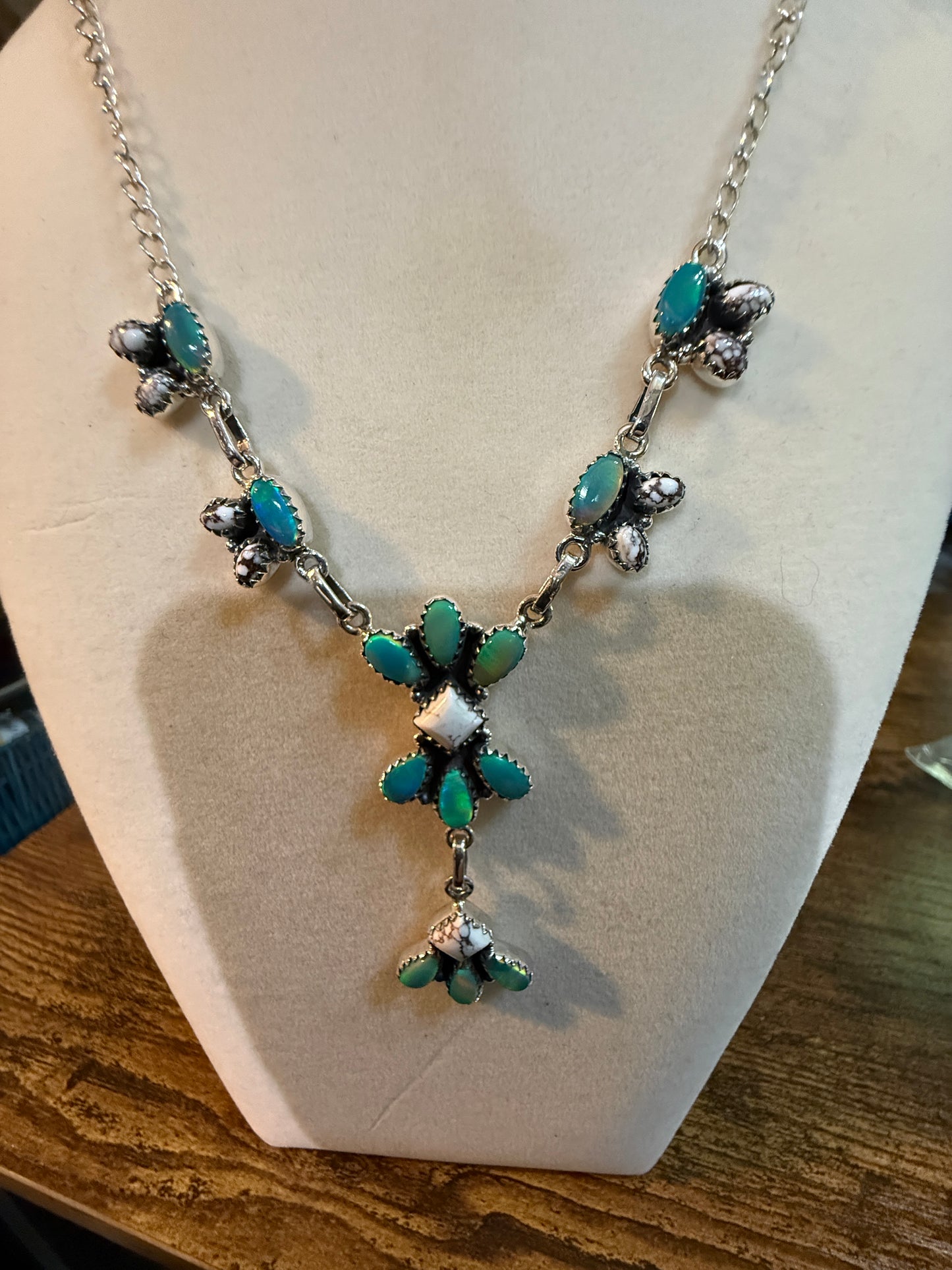 Green Abony and Wildhorse Turquoise Gemstone Lariat Necklace in Sterling Silver Wild West Boho