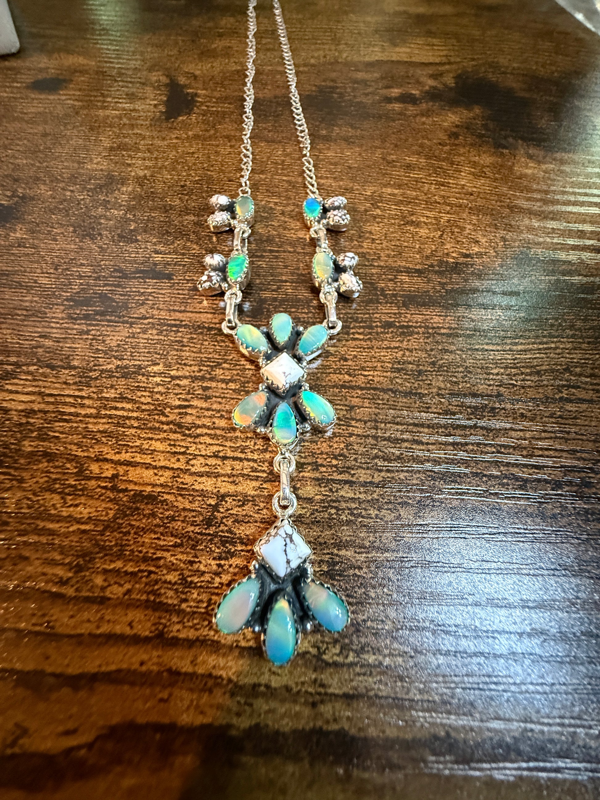 Green Abony and Wildhorse Turquoise Gemstone Lariat Necklace in Sterling Silver Wild West Boho
