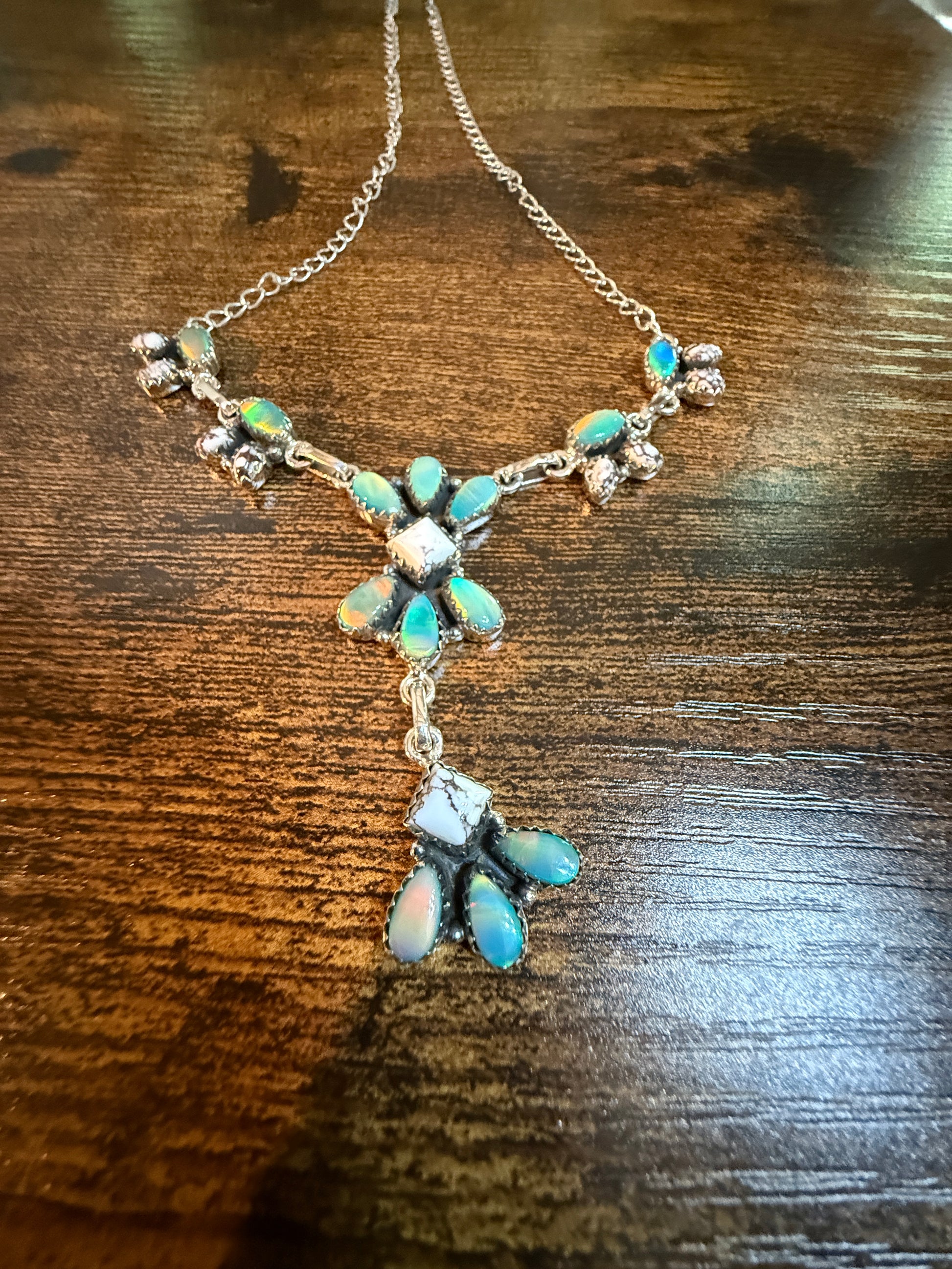 Green Abony and Wildhorse Turquoise Gemstone Lariat Necklace in Sterling Silver Wild West Boho