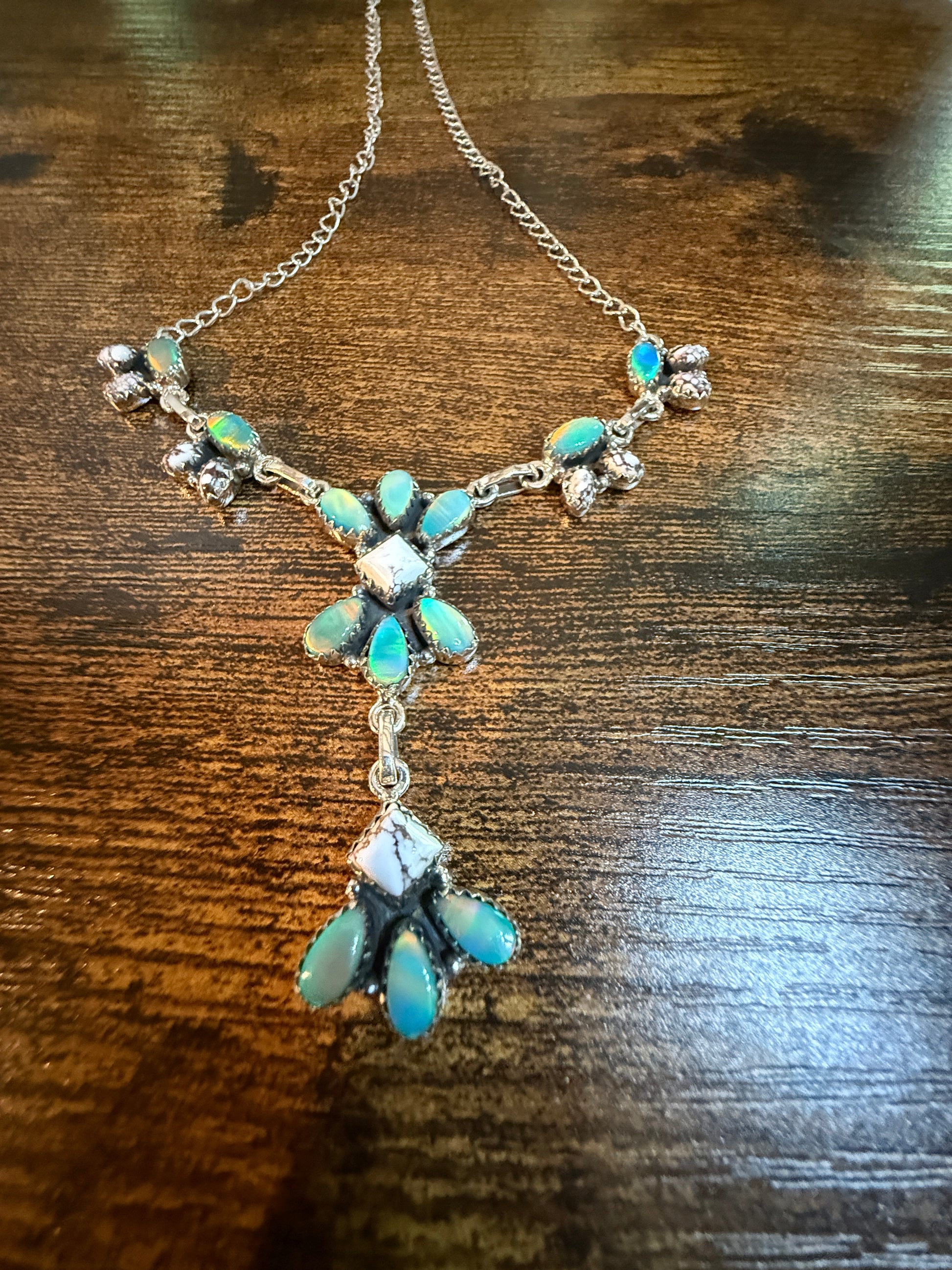 Green Abony and Wildhorse Turquoise Gemstone Lariat Necklace in Sterling Silver Wild West Boho