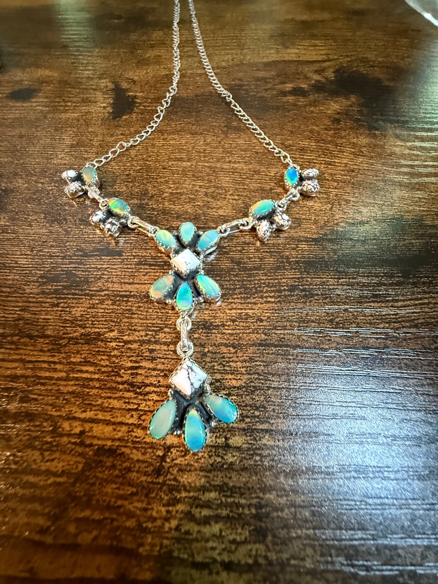 Green Abony and Wildhorse Turquoise Gemstone Lariat Necklace in Sterling Silver Wild West Boho