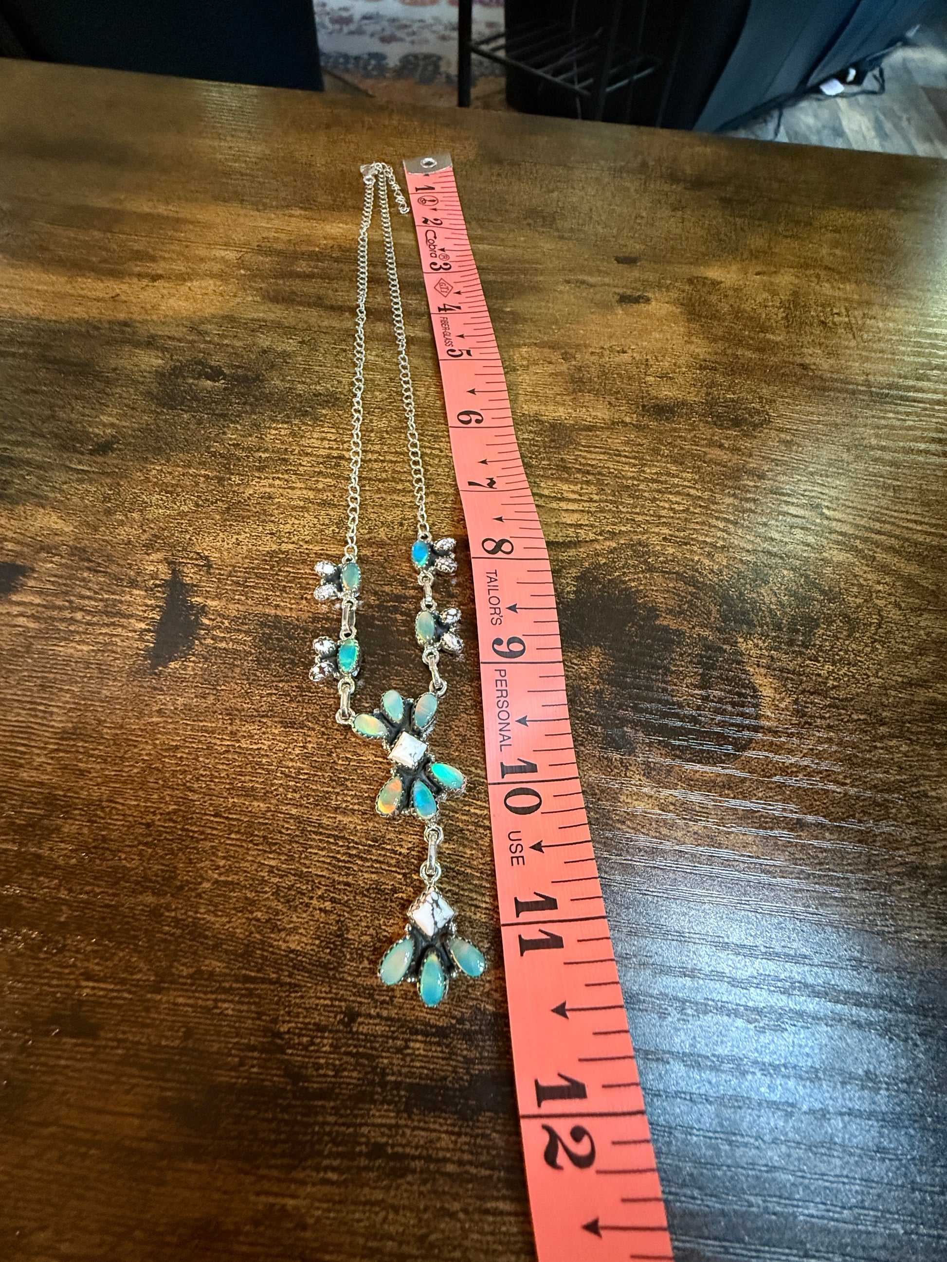 Green Abony and Wildhorse Turquoise Gemstone Lariat Necklace in Sterling Silver Wild West Boho