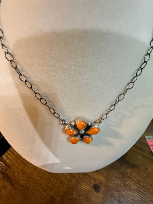 Navajo Orange Spiny Oyster Gemstone Floral Cluster Necklace Sterling Silver Wild West Boho