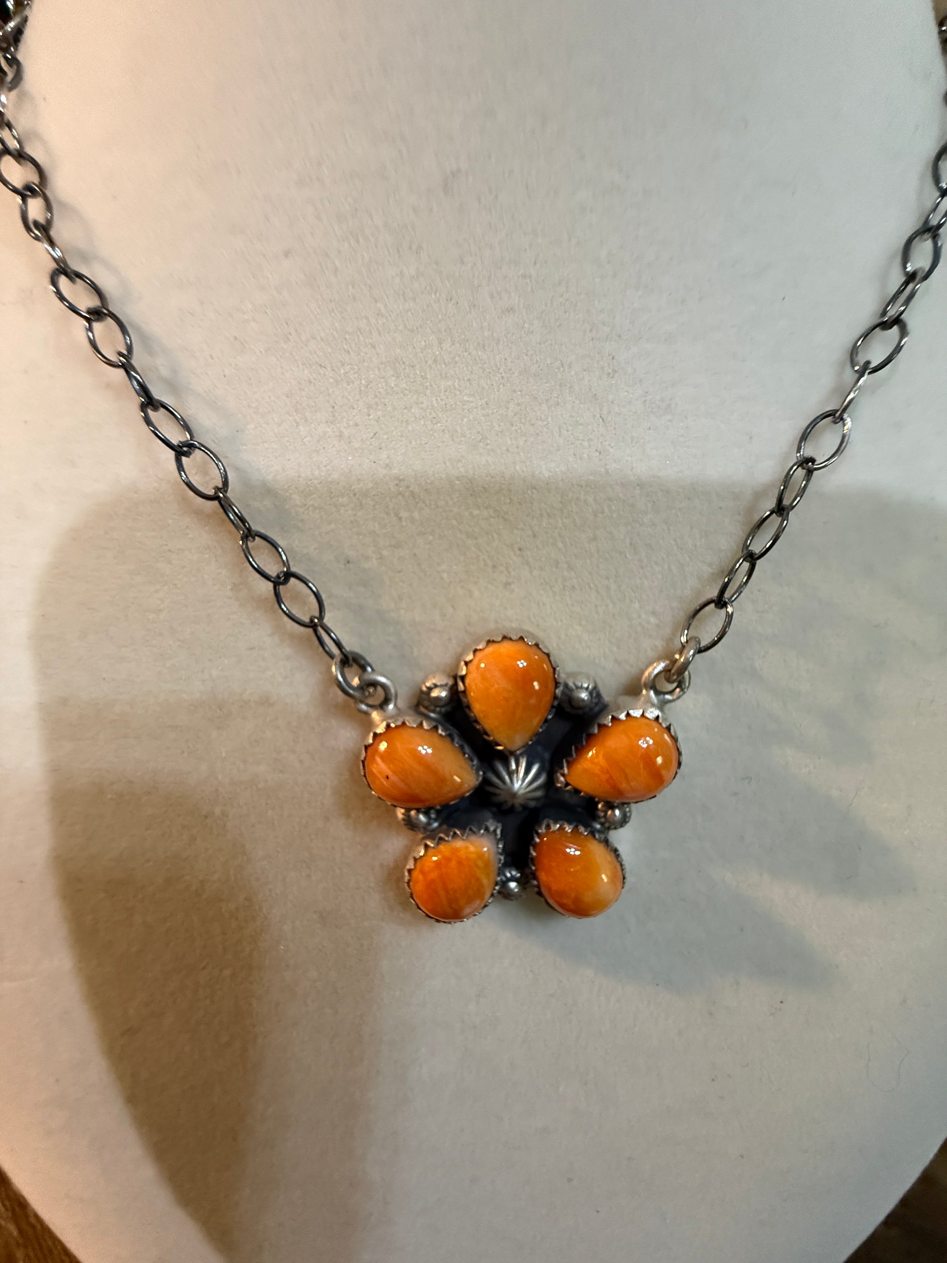 Navajo Orange Spiny Oyster Gemstone Floral Cluster Necklace Sterling Silver Wild West Boho