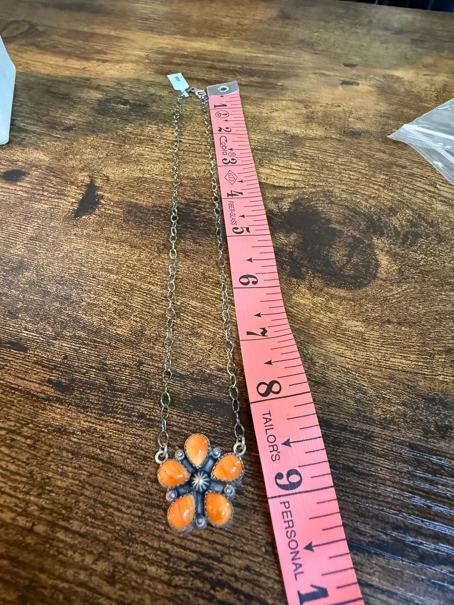 Navajo Orange Spiny Oyster Gemstone Floral Cluster Necklace Sterling Silver Wild West Boho