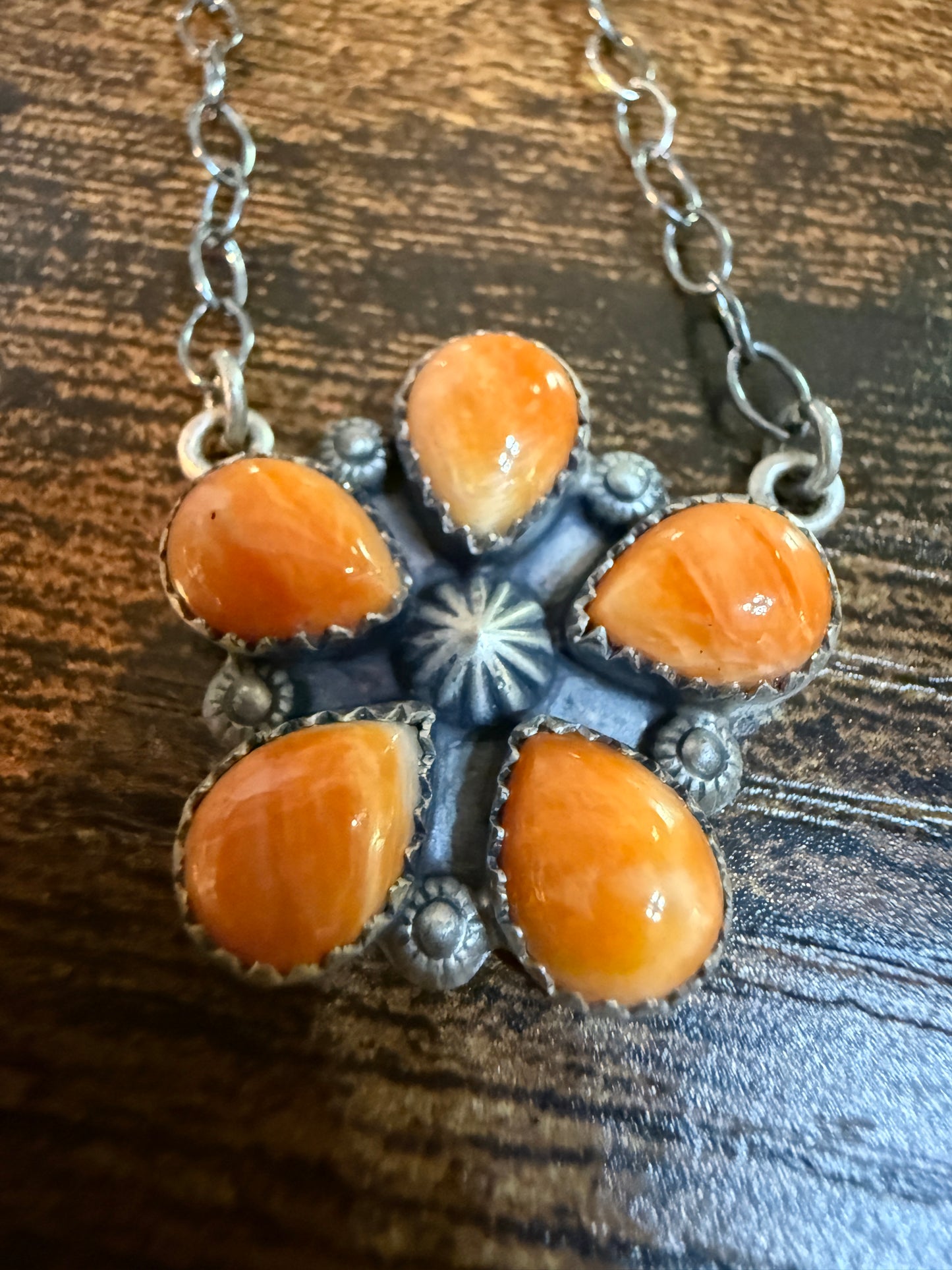Navajo Orange Spiny Oyster Gemstone Floral Cluster Necklace Sterling Silver Wild West Boho