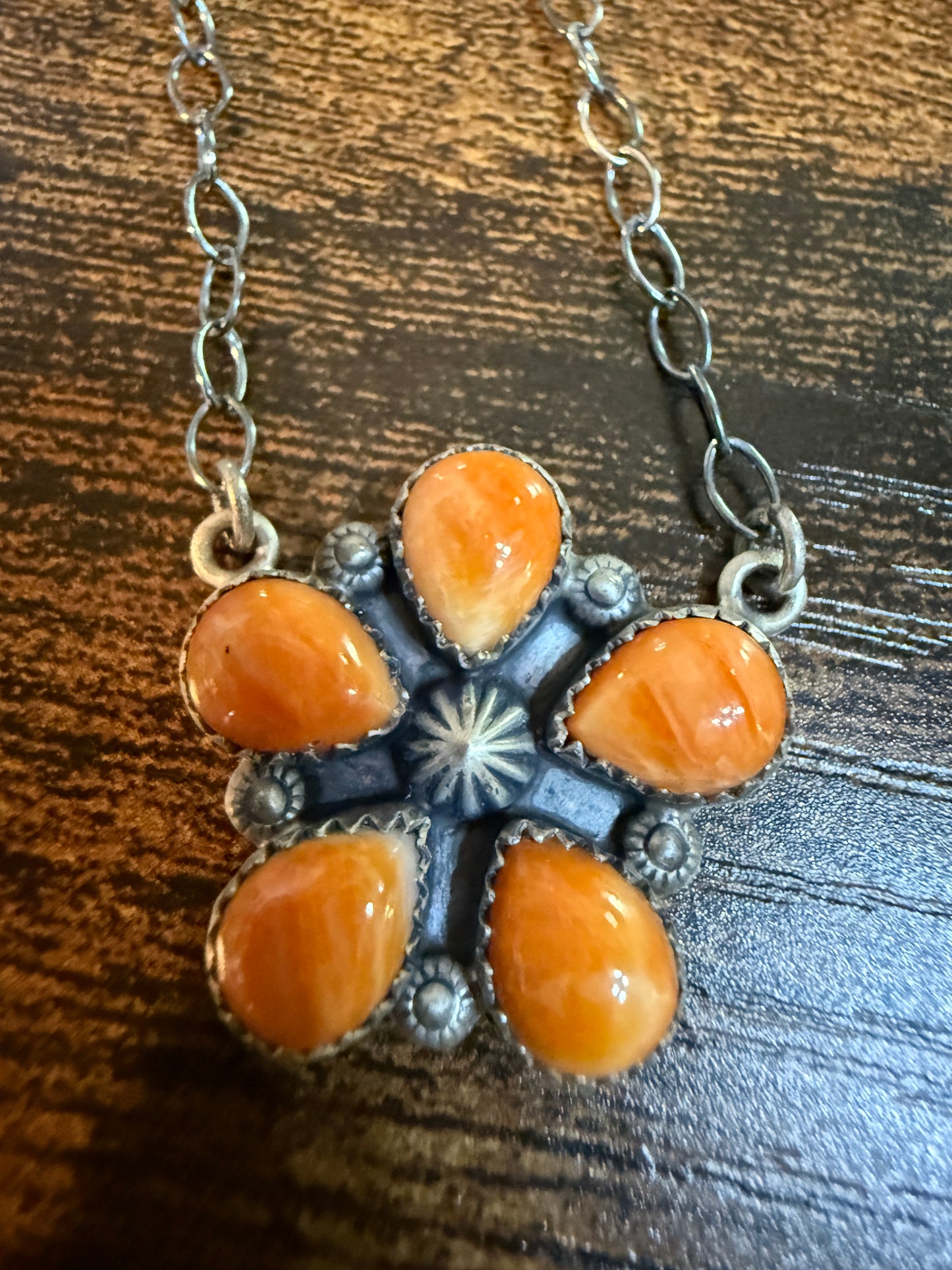Navajo Orange Spiny Oyster Gemstone Floral Cluster Necklace Sterling Silver Wild West Boho