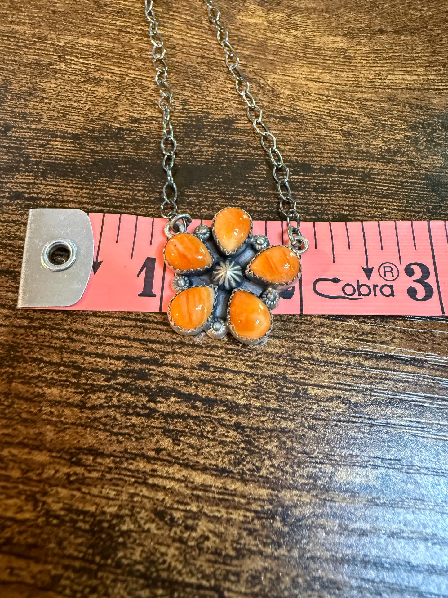 Navajo Orange Spiny Oyster Gemstone Floral Cluster Necklace Sterling Silver Wild West Boho