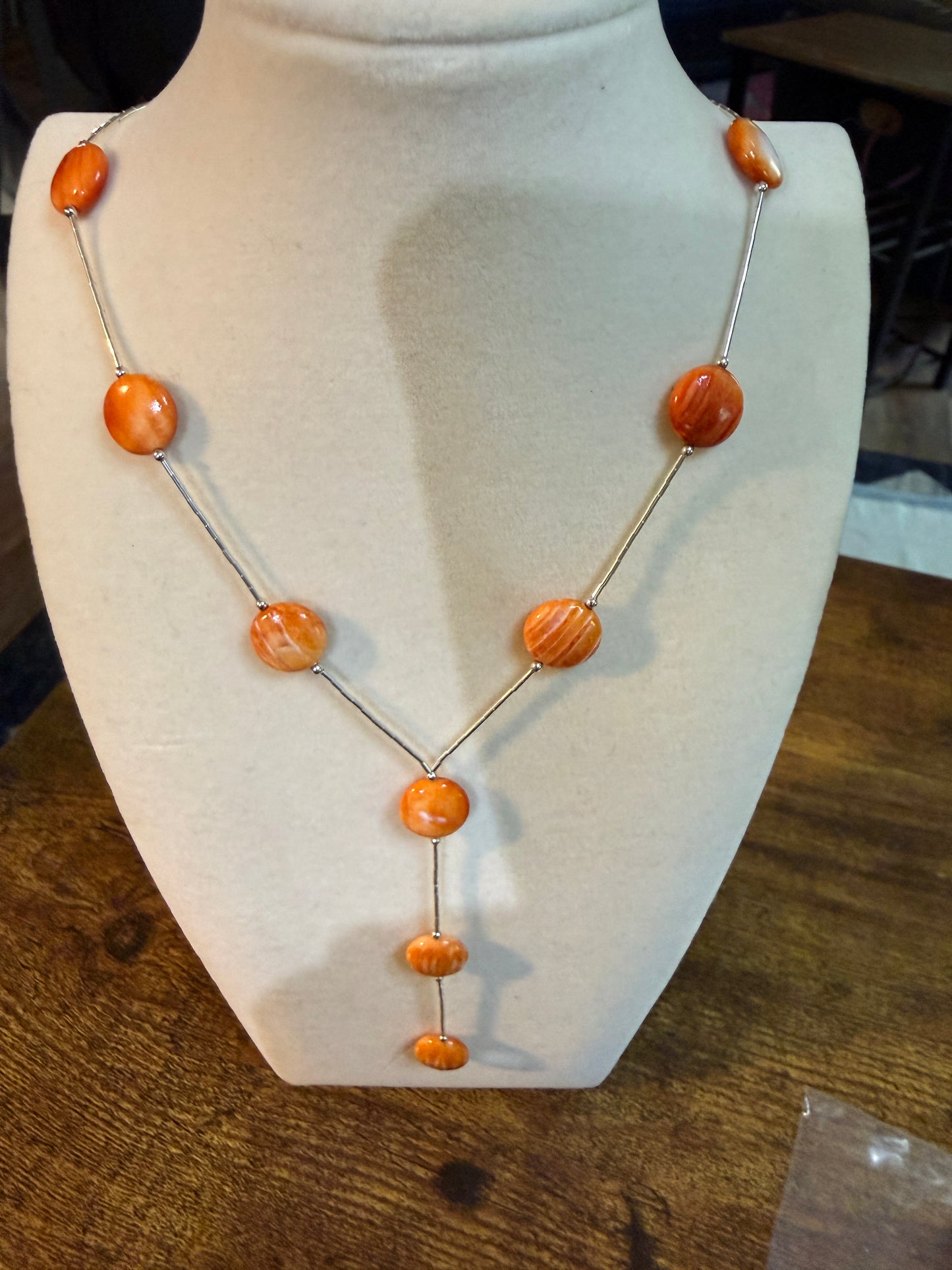 Navajo Style Spiny Oyster Gemstone Liquid Silver Lariat Necklace Sterling Silver Wild West Boho