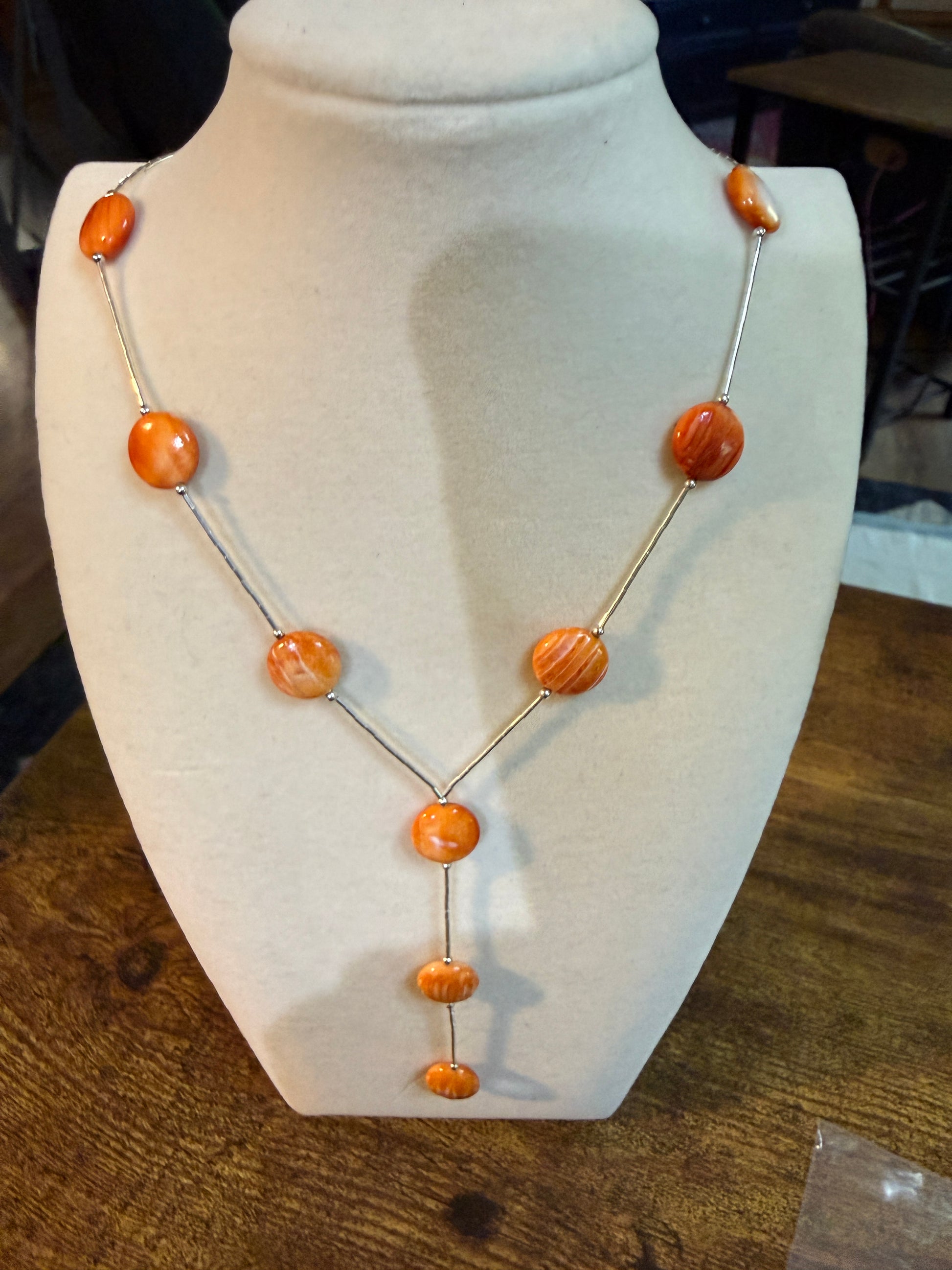 Navajo Style Spiny Oyster Gemstone Liquid Silver Lariat Necklace Sterling Silver Wild West Boho