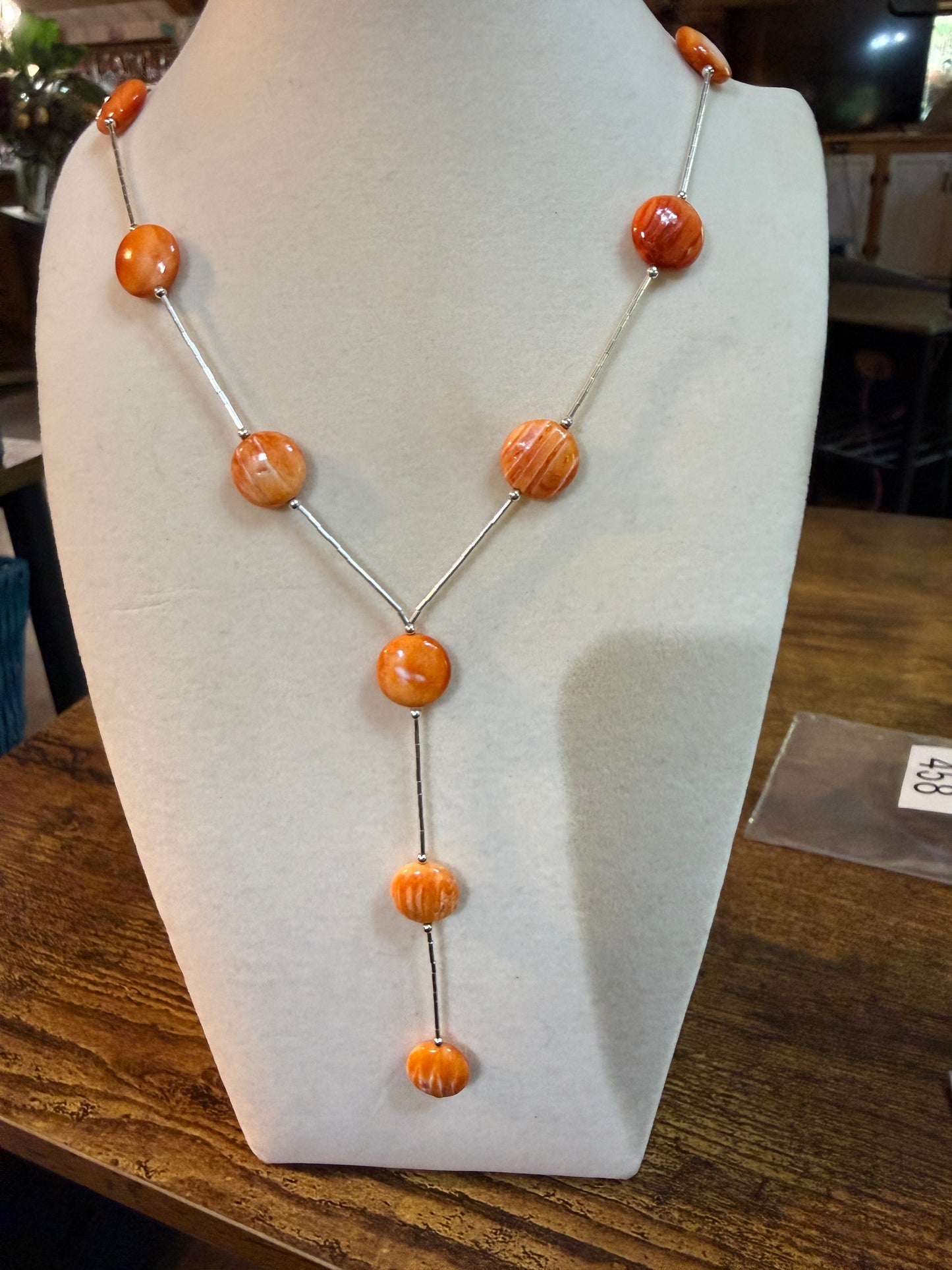 Navajo Style Spiny Oyster Gemstone Liquid Silver Lariat Necklace Sterling Silver Wild West Boho