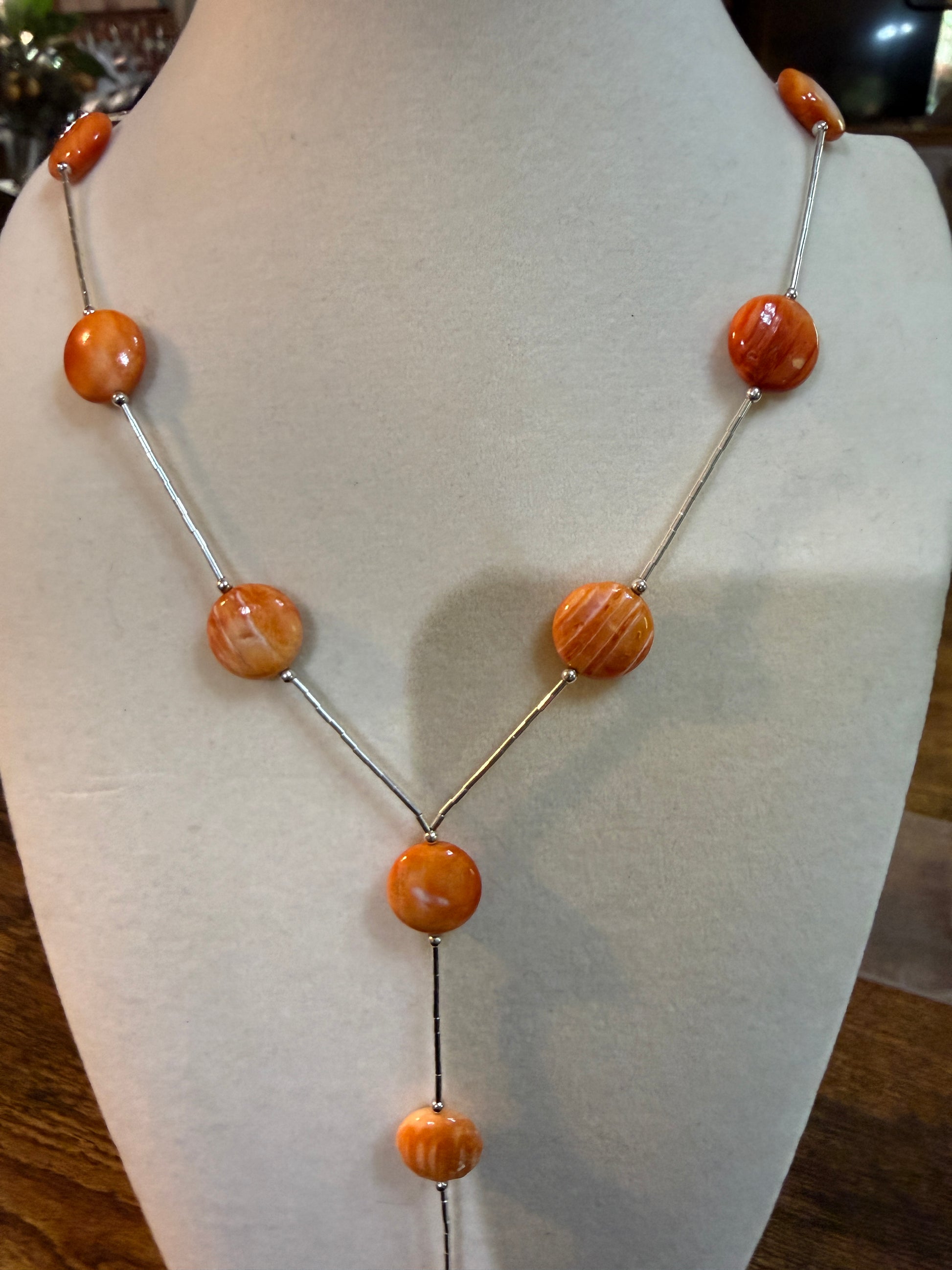 Navajo Style Spiny Oyster Gemstone Liquid Silver Lariat Necklace Sterling Silver Wild West Boho